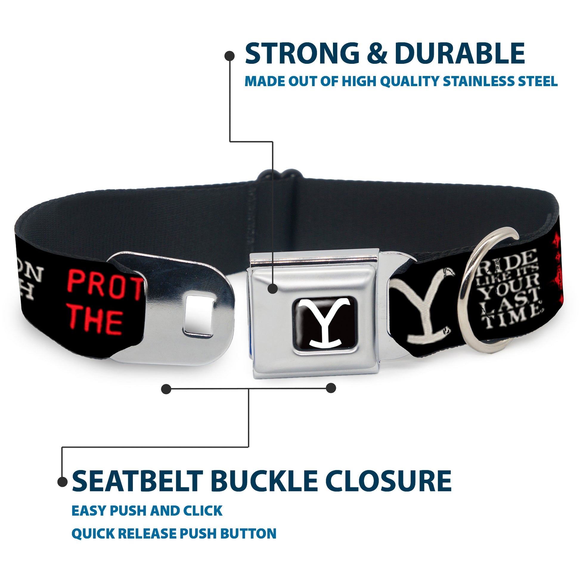 Yellowstone Y Logo Full Color Black/White Seatbelt Buckle Collar - YELLOWSTONE Dutton Ranch 1886 Icons Black/White/Red Seatbelt Buckle Collars Yellowstone