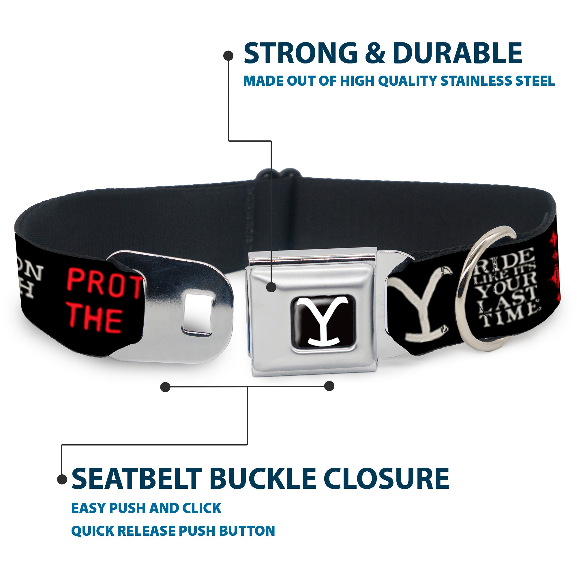 Yellowstone Y Logo Full Color Black/White Seatbelt Buckle Collar - YELLOWSTONE Dutton Ranch 1886 Icons Black/White/Red Seatbelt Buckle Collars Yellowstone