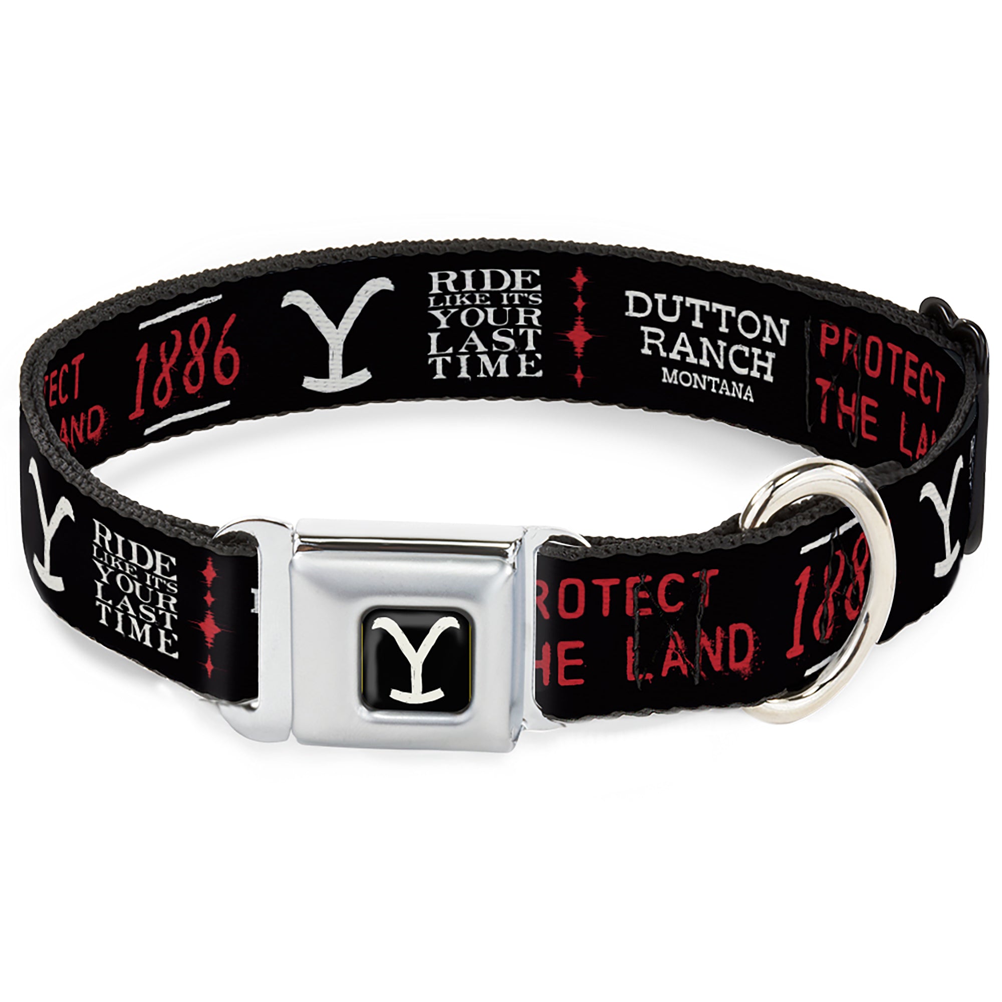 Yellowstone Y Logo Full Color Black/White Seatbelt Buckle Collar - YELLOWSTONE Dutton Ranch 1886 Icons Black/White/Red Seatbelt Buckle Collars Yellowstone