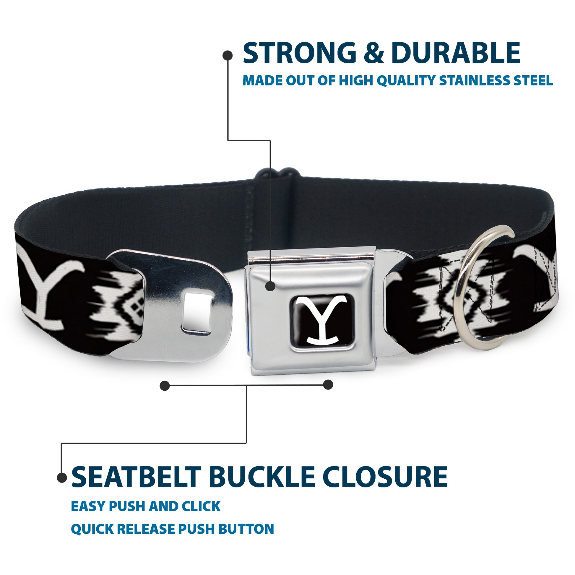 Yellowstone Y Logo Full Color Black/White Seatbelt Buckle Collar - Yellowstone Dutton Ranch and Native American Icons Black/White Seatbelt Buckle Collars Yellowstone
