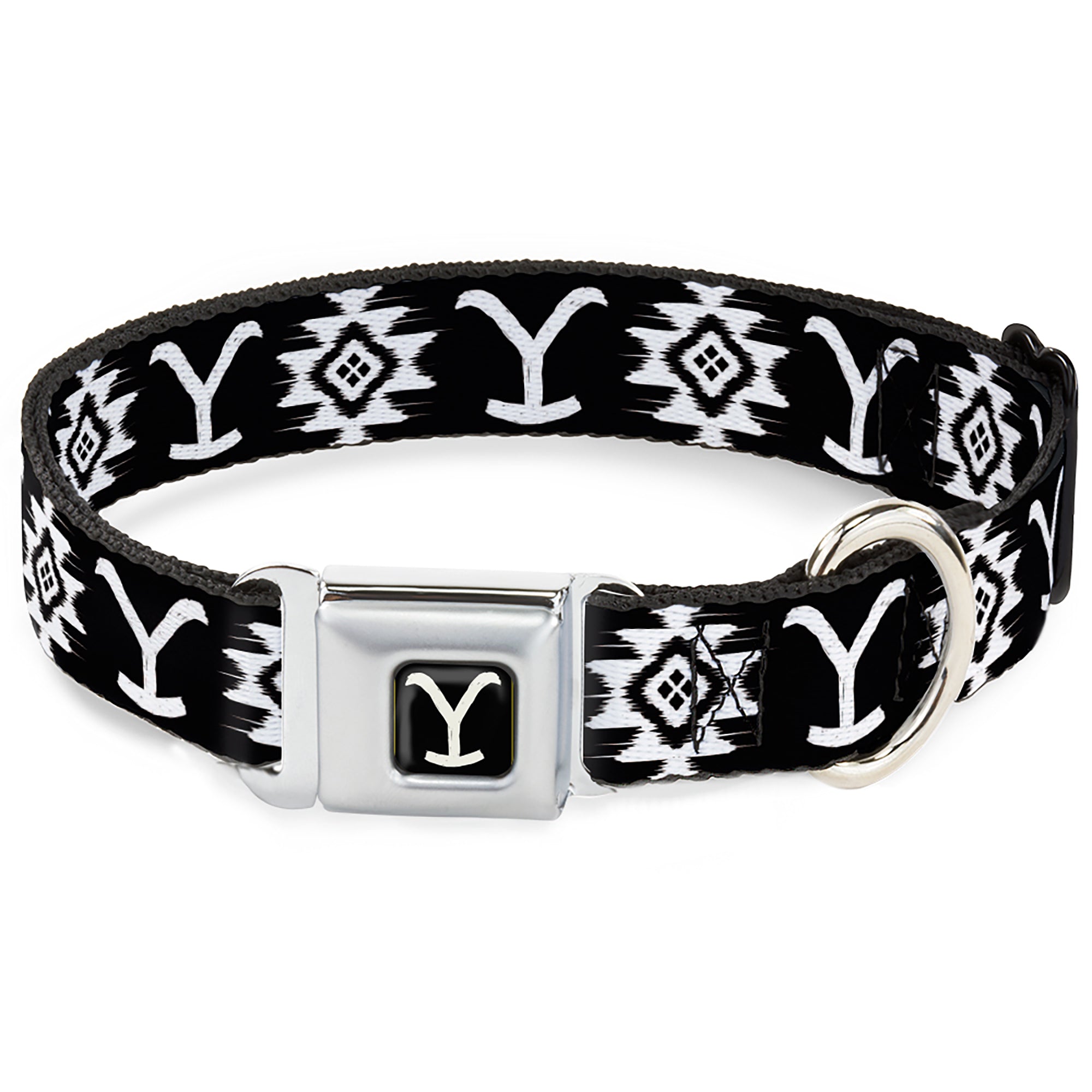 Yellowstone Y Logo Full Color Black/White Seatbelt Buckle Collar - Yellowstone Dutton Ranch and Native American Icons Black/White Seatbelt Buckle Collars Yellowstone