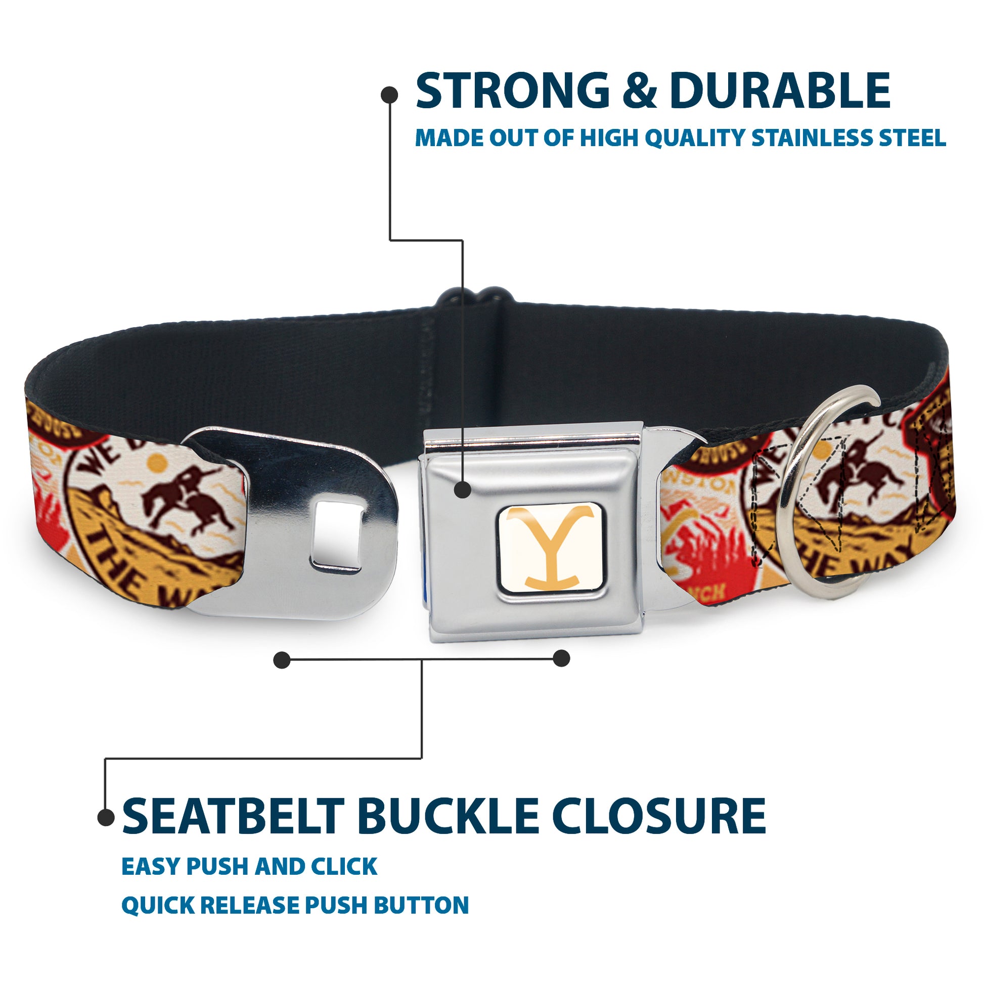 Yellowstone Y Logo Full Color White/Yellow Seatbelt Buckle Collar - Yellowstone Patches Stacked Browns/Reds/Yellows Seatbelt Buckle Collars Yellowstone