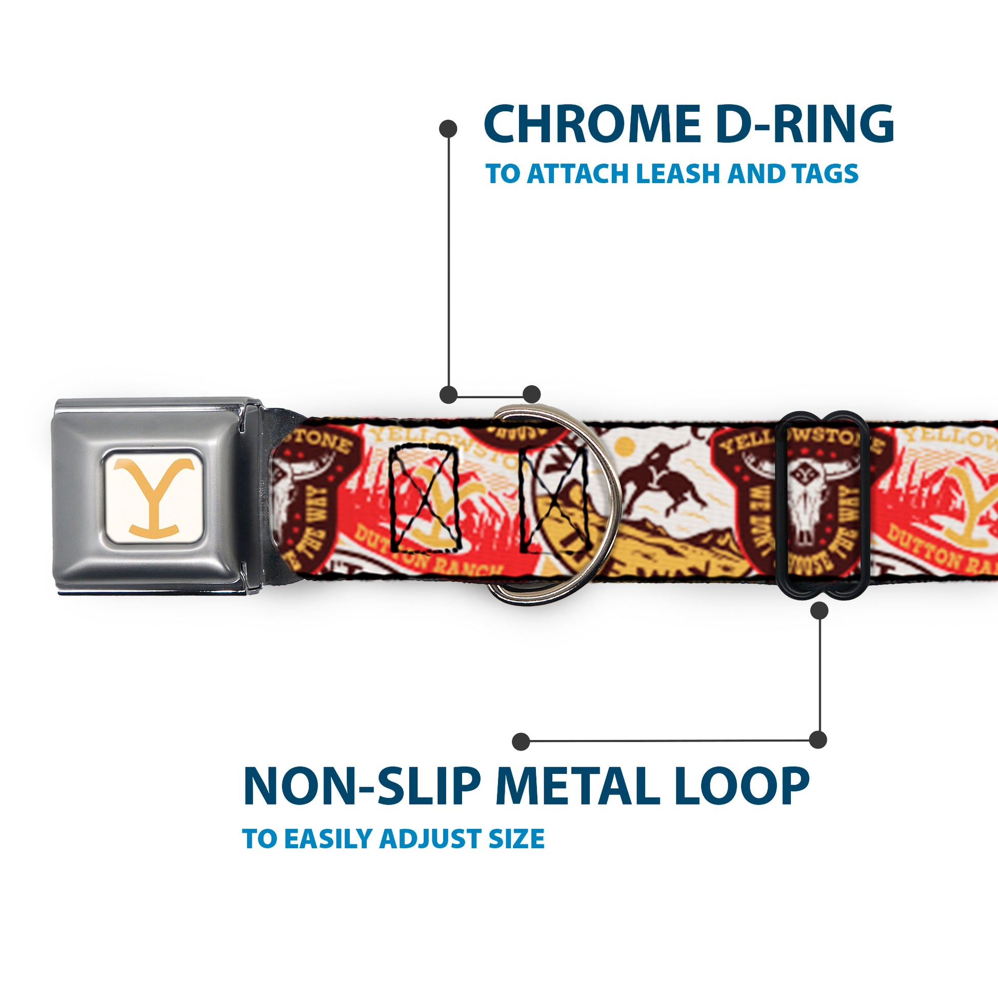 Yellowstone Y Logo Full Color White/Yellow Seatbelt Buckle Collar - Yellowstone Patches Stacked Browns/Reds/Yellows Seatbelt Buckle Collars Yellowstone
