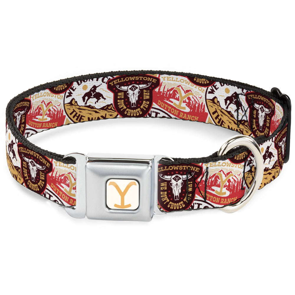 Yellowstone Y Logo Full Color White/Yellow Seatbelt Buckle Collar - Yellowstone Patches Stacked Browns/Reds/Yellows Seatbelt Buckle Collars Yellowstone