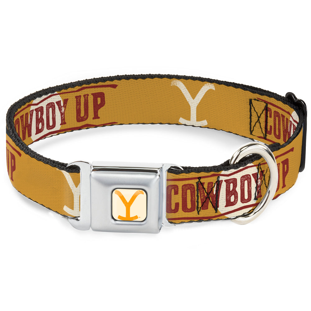 Yellowstone Y Logo Weathered Full Color White/Yellow Seatbelt Buckle Collar - Yellowstone Y Logo COWBOY UP Text Yellow/Red/White Seatbelt Buckle Collars Yellowstone