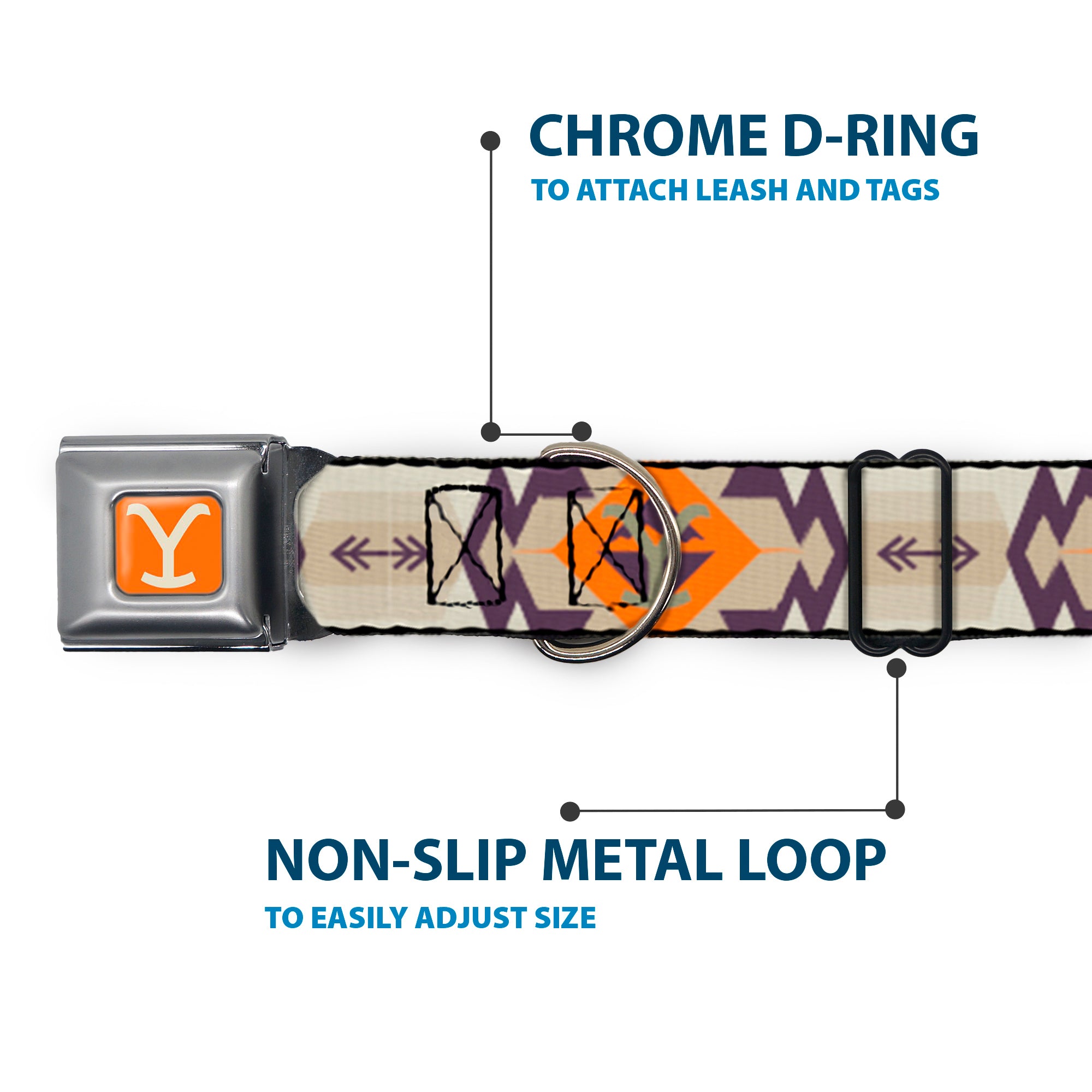 Yellowstone Y Logo Weathered Full Color Orange/Beige Seatbelt Buckle Collar - Yellowstone Y Logo Native American Tribal Tans/Blue/Orange Seatbelt Buckle Collars Yellowstone