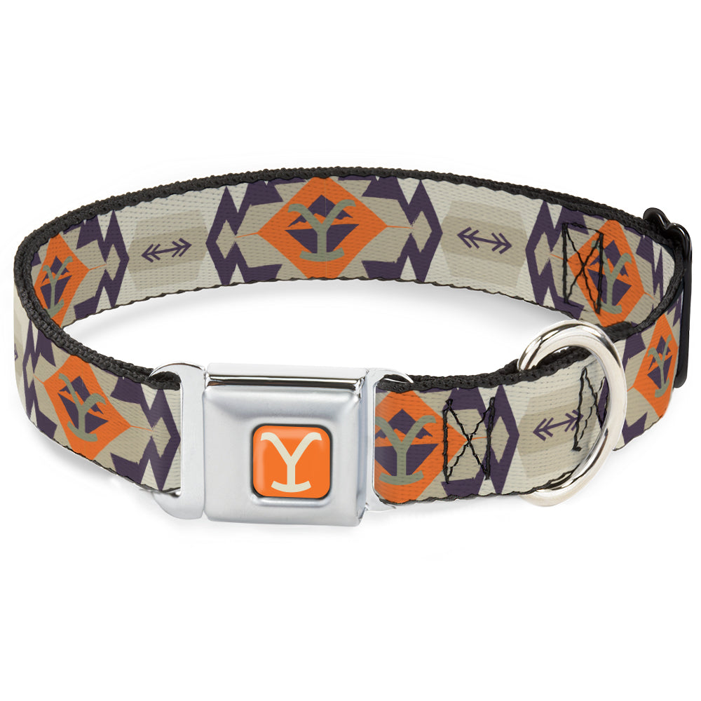 Yellowstone Y Logo Weathered Full Color Orange/Beige Seatbelt Buckle Collar - Yellowstone Y Logo Native American Tribal Tans/Blue/Orange Seatbelt Buckle Collars Yellowstone