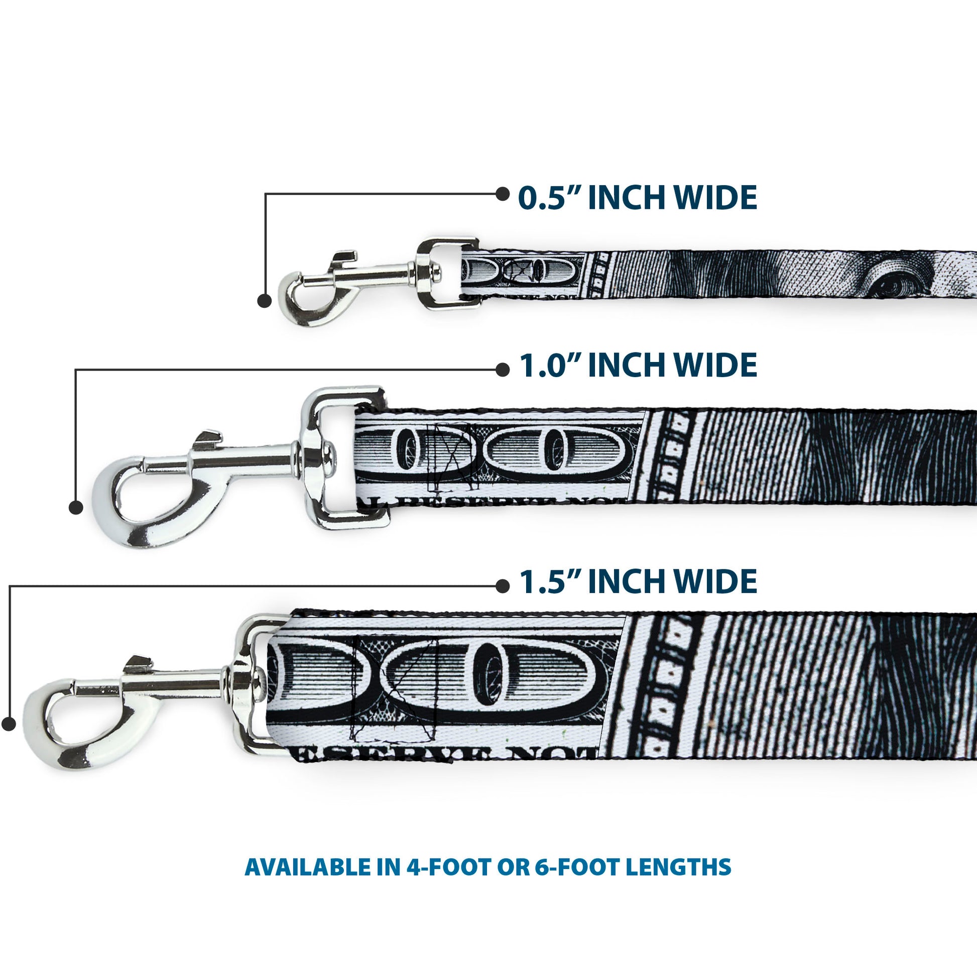 Dog Leash - 100 Dollar Bill CLOSE-UP White/Black Dog Leashes Buckle-Down