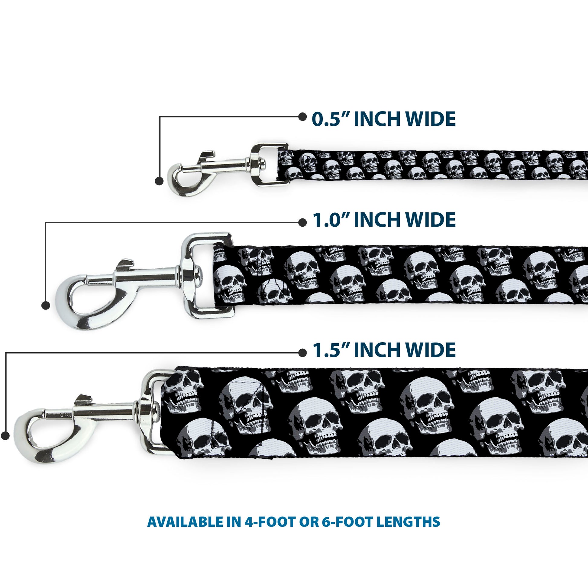 Dog Leash - 3-D Skulls Repeat Black/Grays/White Dog Leashes Buckle-Down