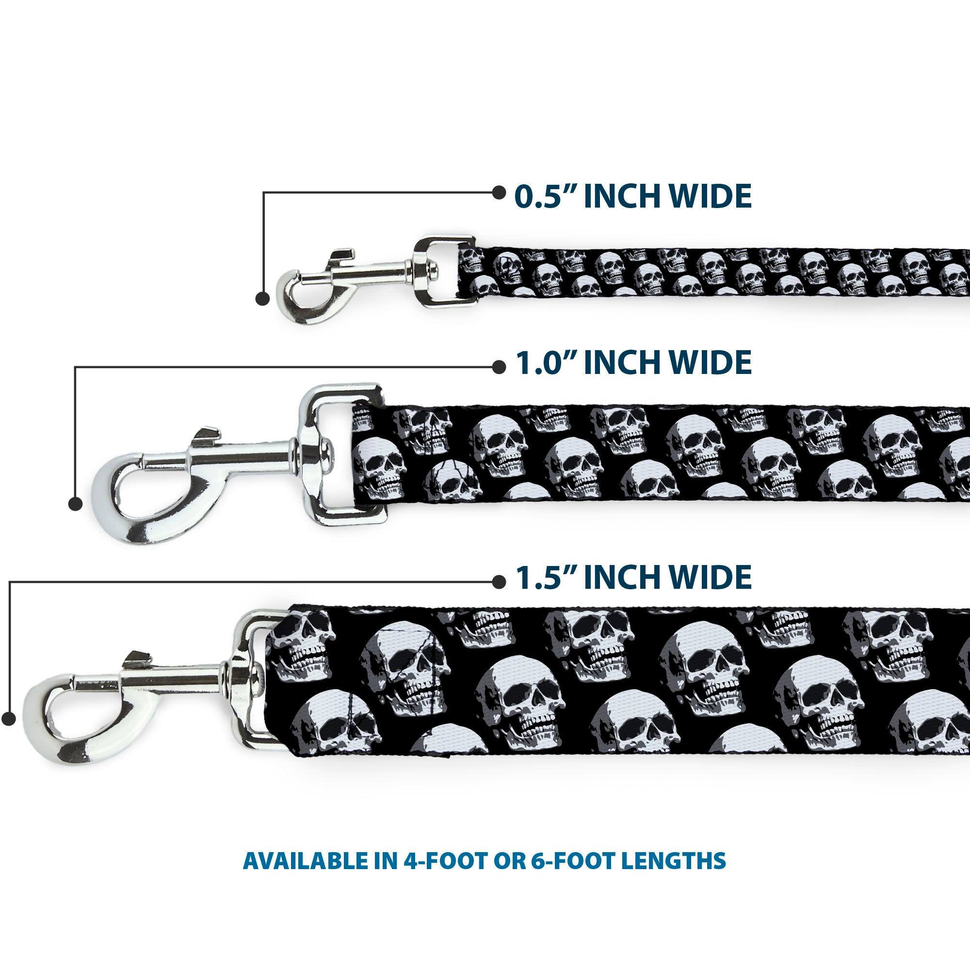 Dog Leash - 3-D Skulls Repeat Black/Grays/White Dog Leashes Buckle-Down