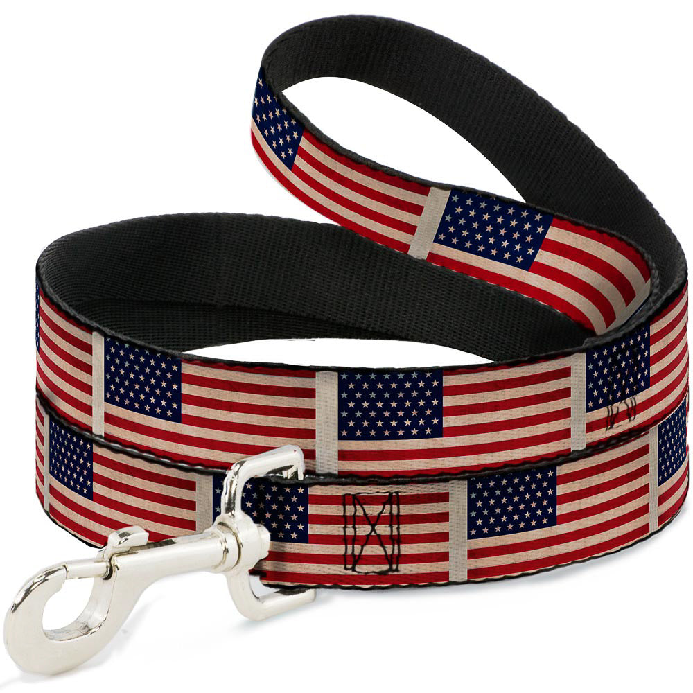 Dog Leash - American Flag Weathered Color Repeat Dog Leashes Buckle-Down