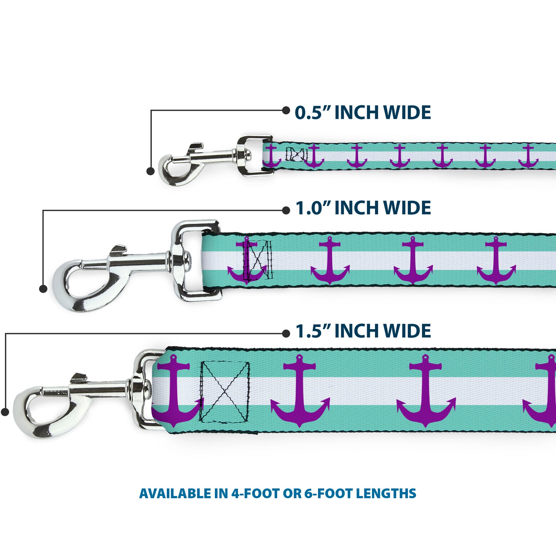Dog Leash - Anchor/Stripe Teal/White/Purple Dog Leashes Buckle-Down