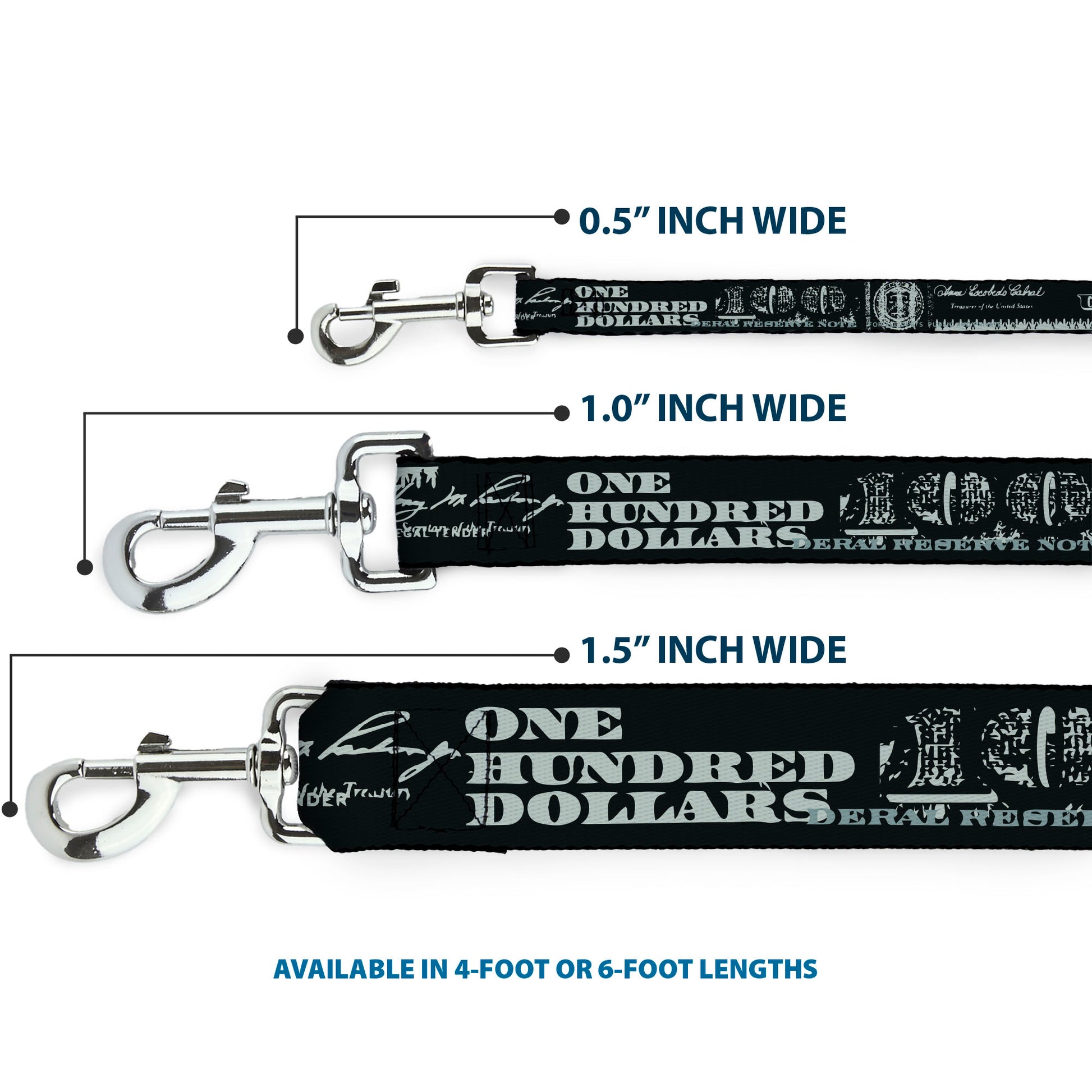 Dog Leash - Americana One Hundred Dollar Bill Elements Black/Gray Dog Leashes Buckle-Down