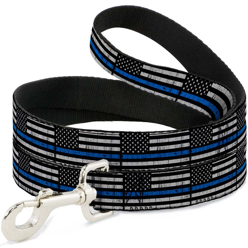 Dog Leash - Thin Blue Line Flag Weathered Black/Gray/Blue Dog Leashes Buckle-Down