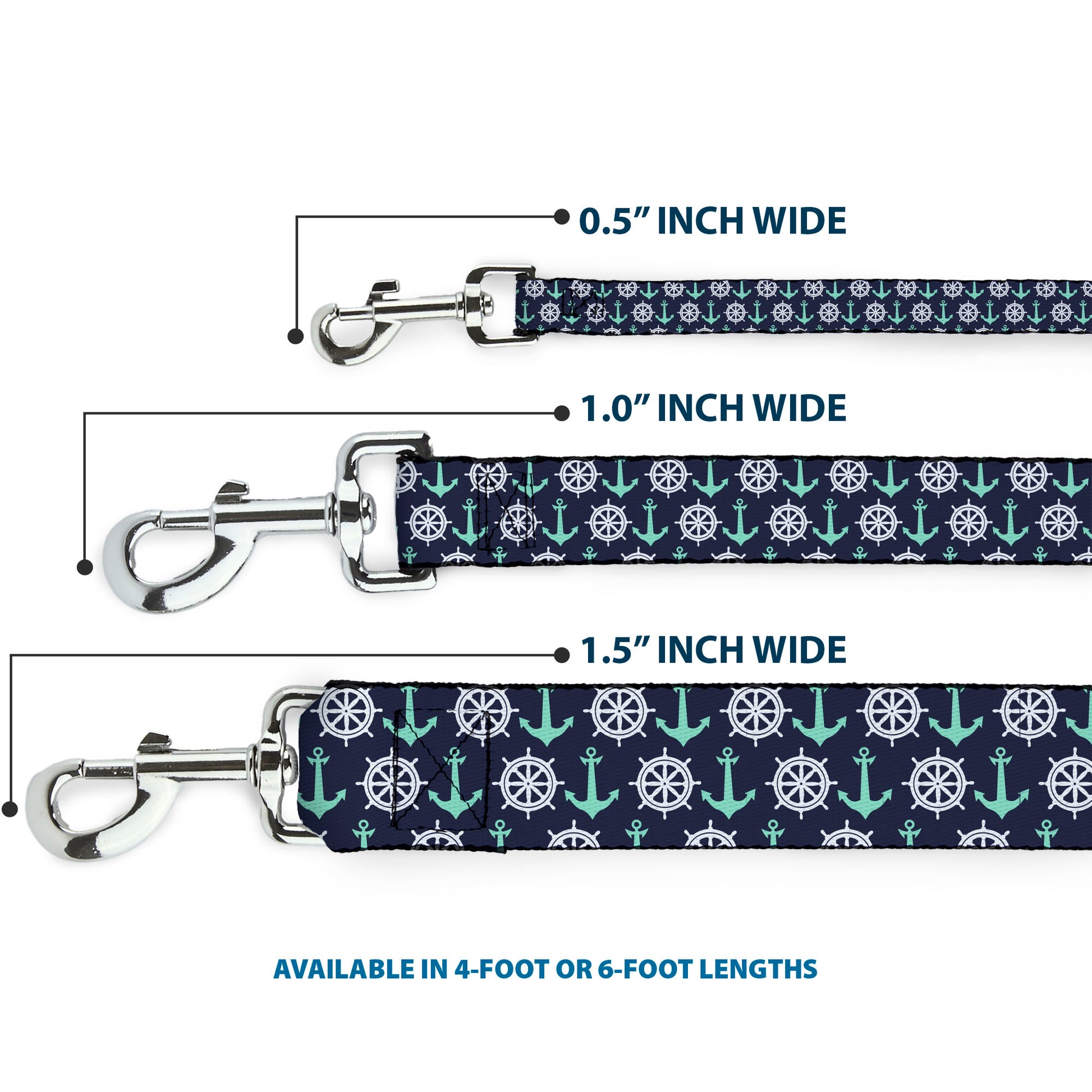 Dog Leash - Anchor2/Helm Monogram Navy/Turquoise/White Dog Leashes Buckle-Down