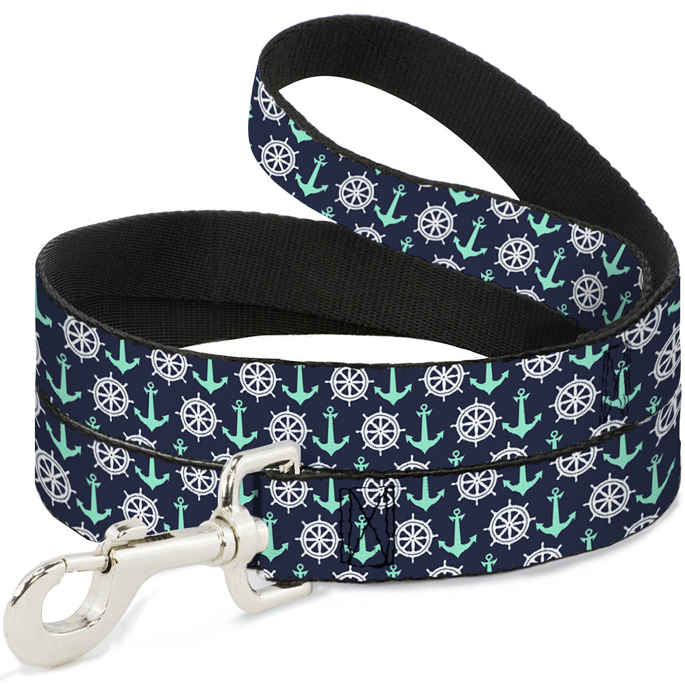 Dog Leash - Anchor2/Helm Monogram Navy/Turquoise/White Dog Leashes Buckle-Down