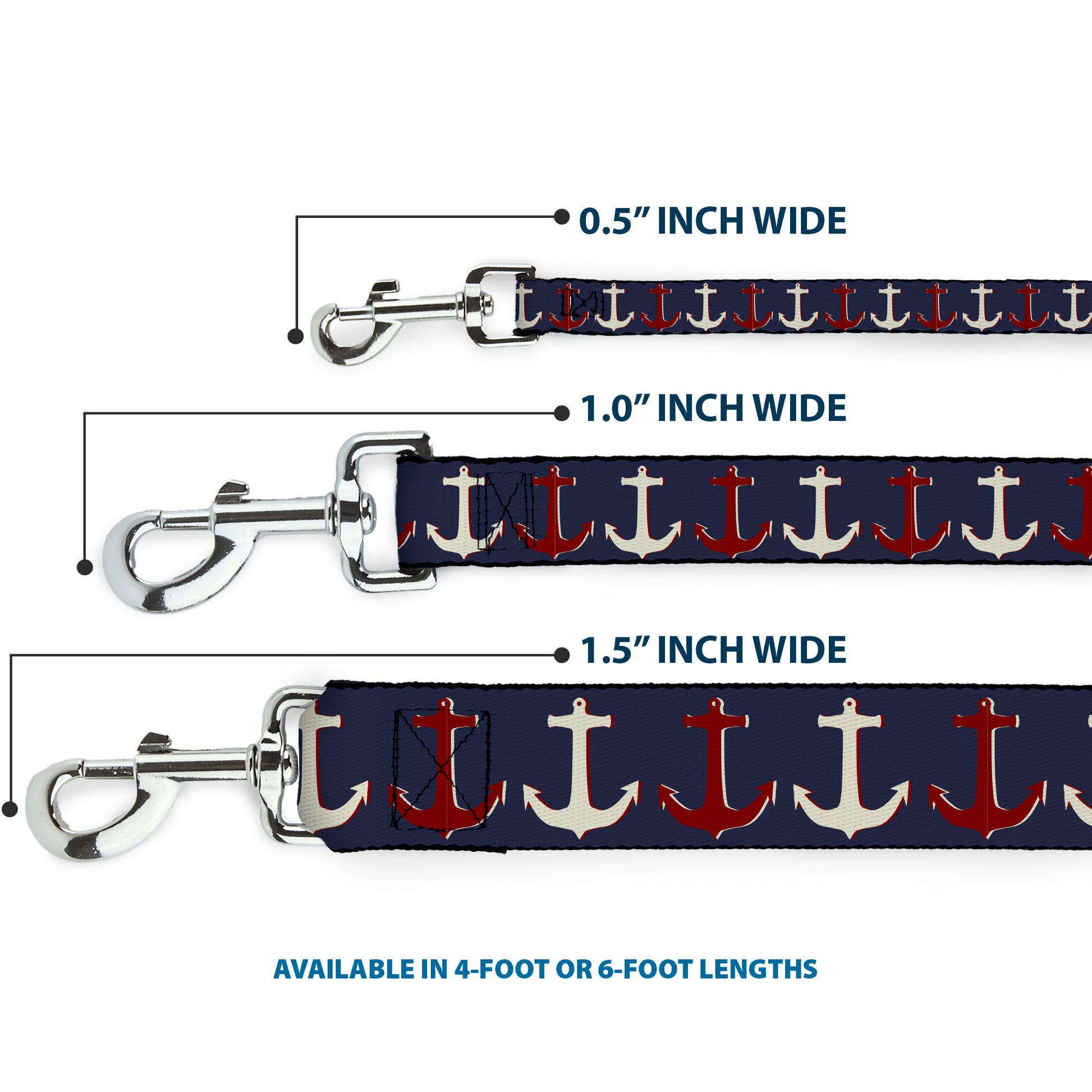 Dog Leash - Anchor3 CLOSE-UP Navy/Red/Cream Dog Leashes Buckle-Down