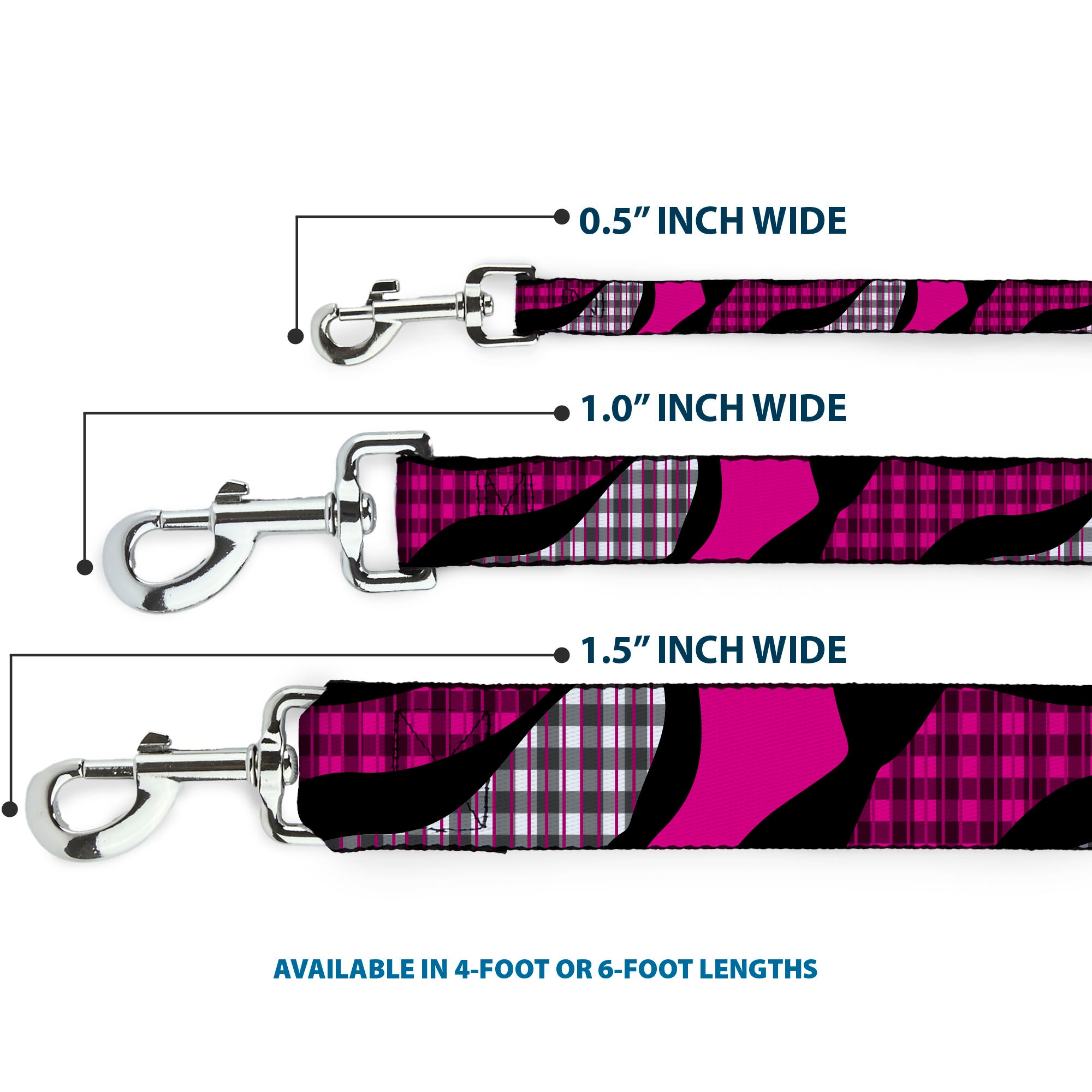 Dog Leash - Buffalo Plaid Abstract White/Black/Fuchsia Dog Leashes Buckle-Down