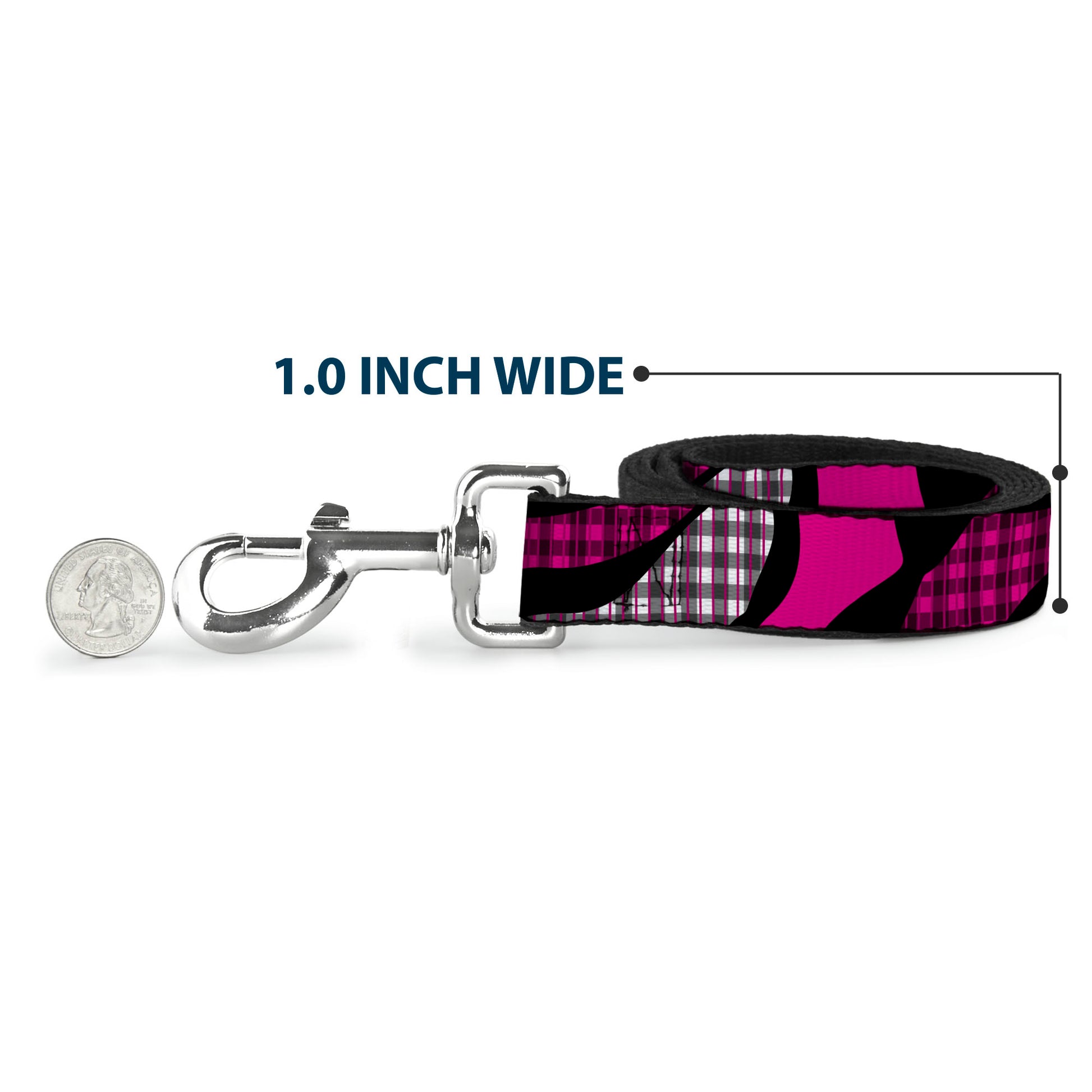 Dog Leash - Buffalo Plaid Abstract White/Black/Fuchsia Dog Leashes Buckle-Down