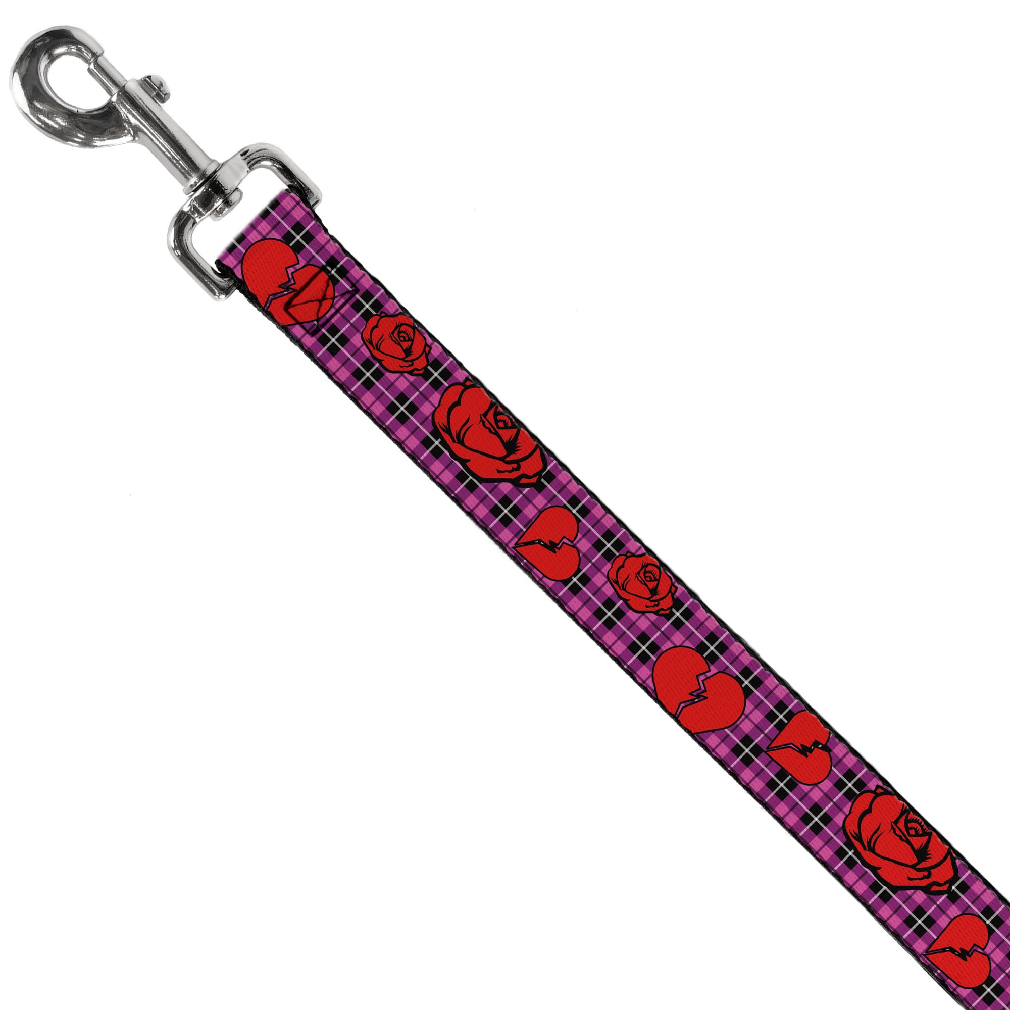 Dog Leash - Broken Hearts & Roses w/Fuchsia Plaid Dog Leashes Buckle-Down