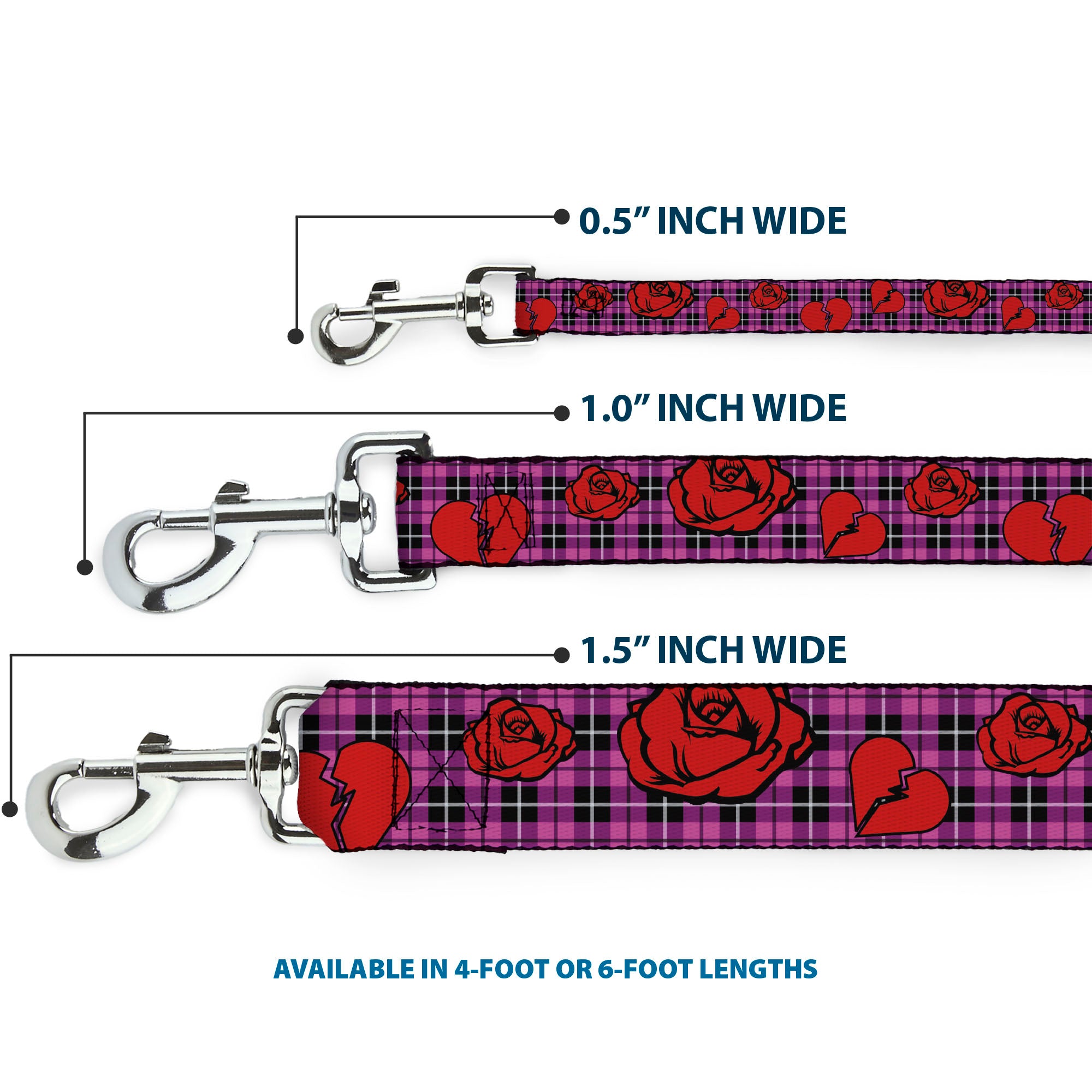 Dog Leash - Broken Hearts & Roses w/Fuchsia Plaid Dog Leashes Buckle-Down