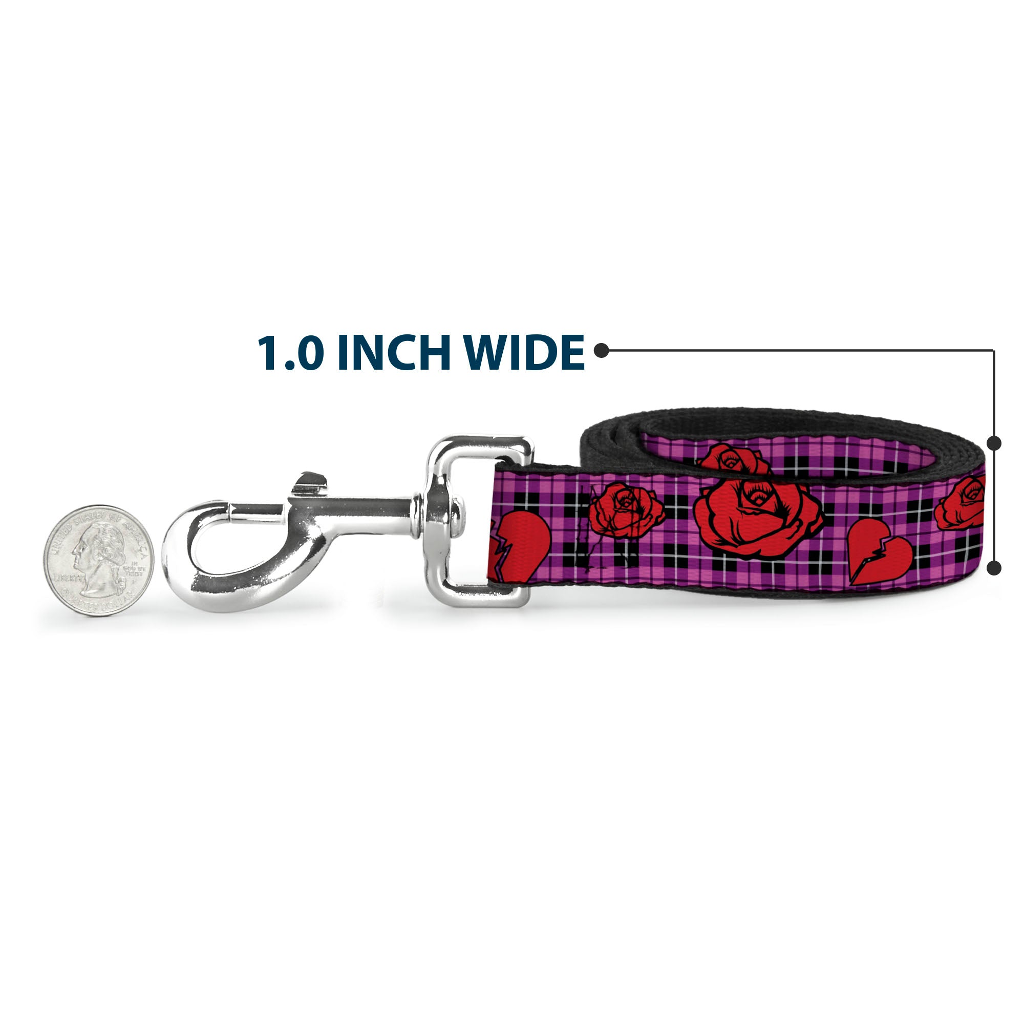 Dog Leash - Broken Hearts & Roses w/Fuchsia Plaid Dog Leashes Buckle-Down