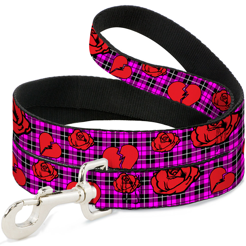 Dog Leash - Broken Hearts & Roses w/Fuchsia Plaid Dog Leashes Buckle-Down