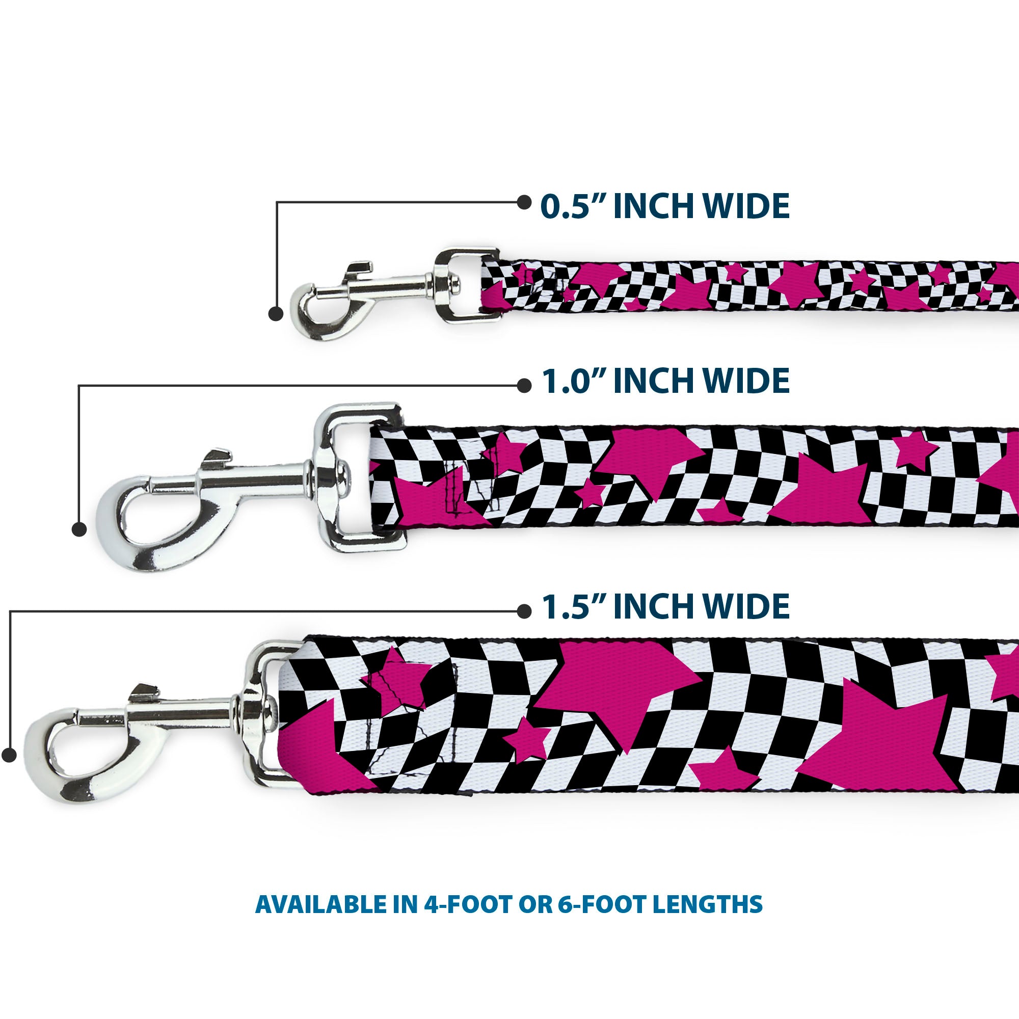 Dog Leash - Checker & Stars Black/White/Pink Dog Leashes Buckle-Down