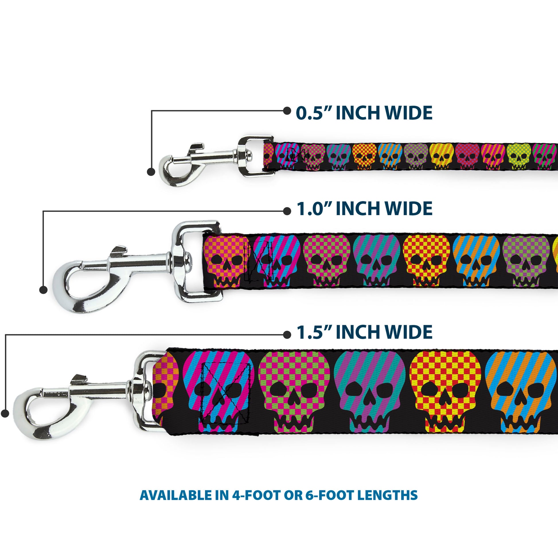 Dog Leash - Checker & Stripe Skulls Black/Multi Neon Dog Leashes Buckle-Down