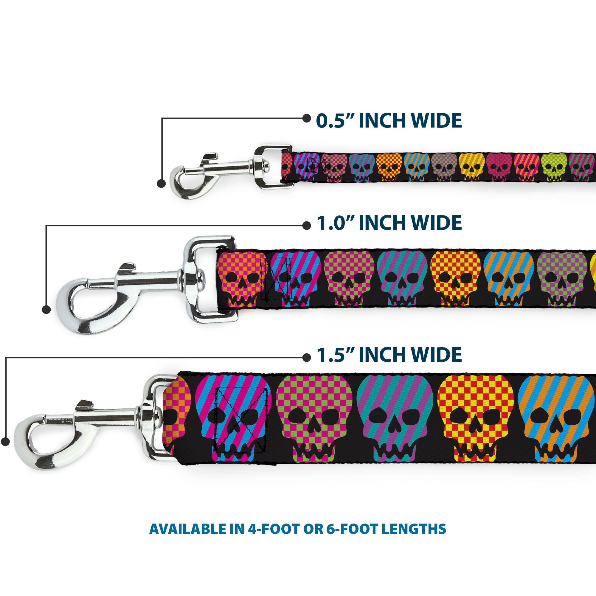 Dog Leash - Checker & Stripe Skulls Black/Multi Neon Dog Leashes Buckle-Down