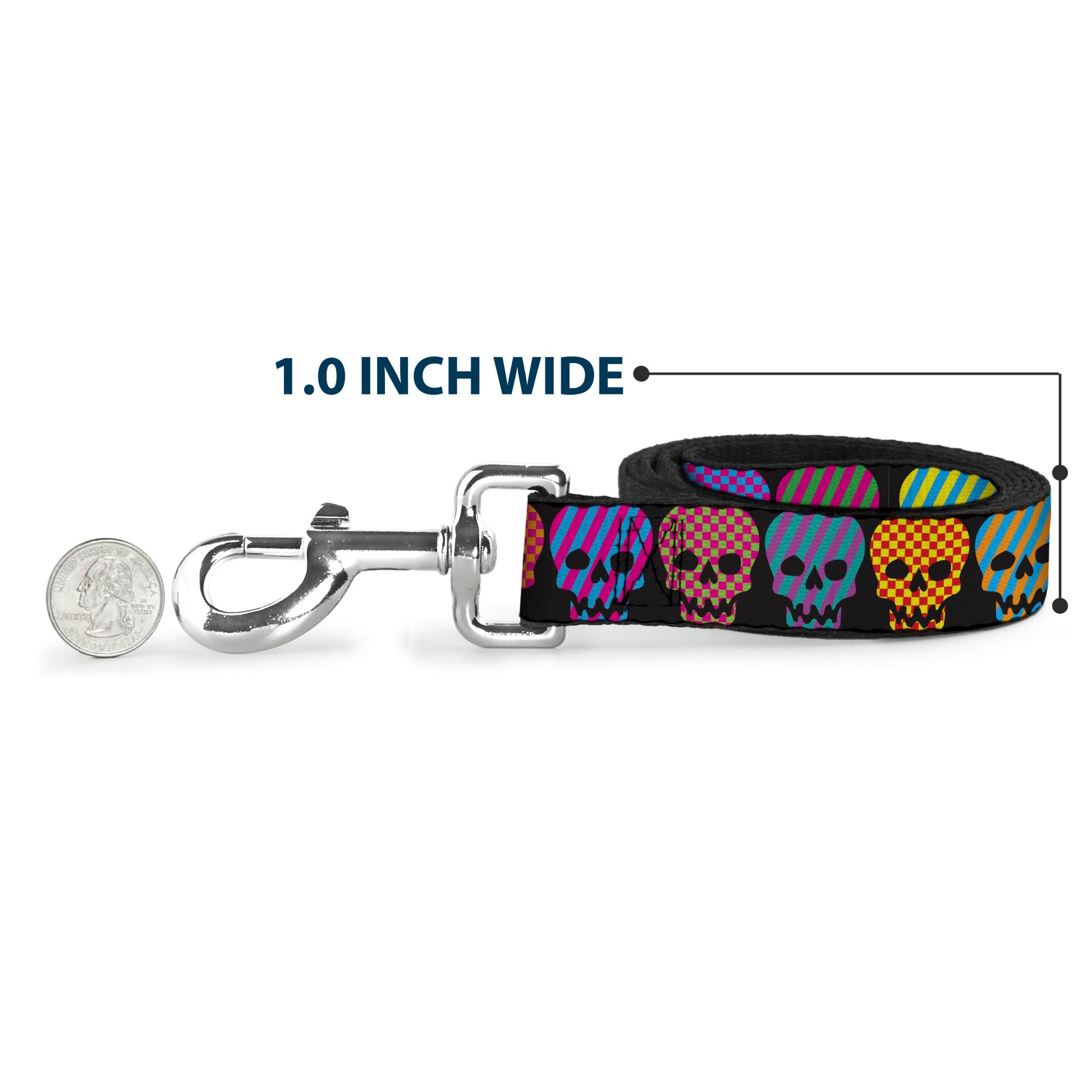 Dog Leash - Checker & Stripe Skulls Black/Multi Neon Dog Leashes Buckle-Down