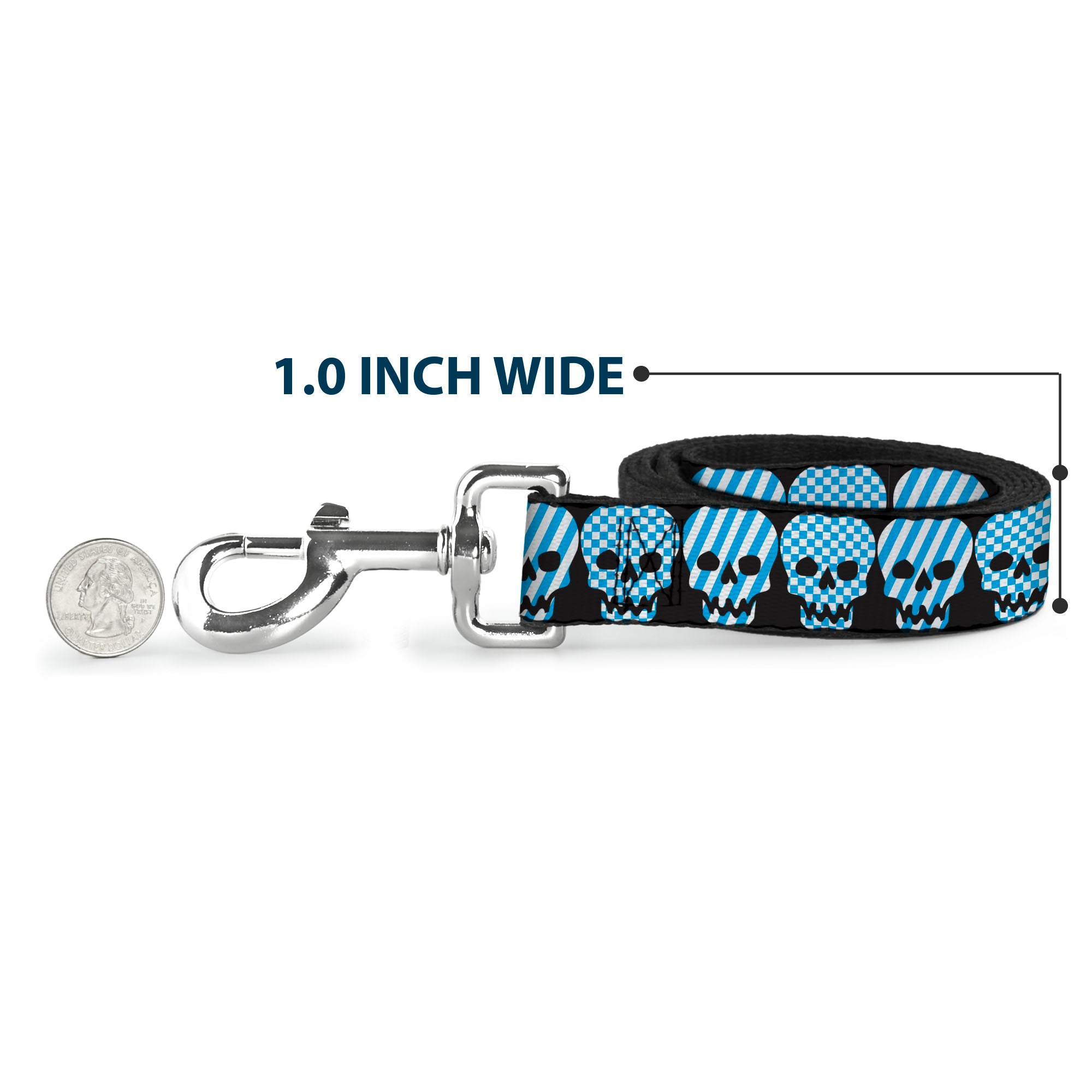 Dog Leash - Checker & Stripe Skulls Black/White/Baby Blue Dog Leashes Buckle-Down
