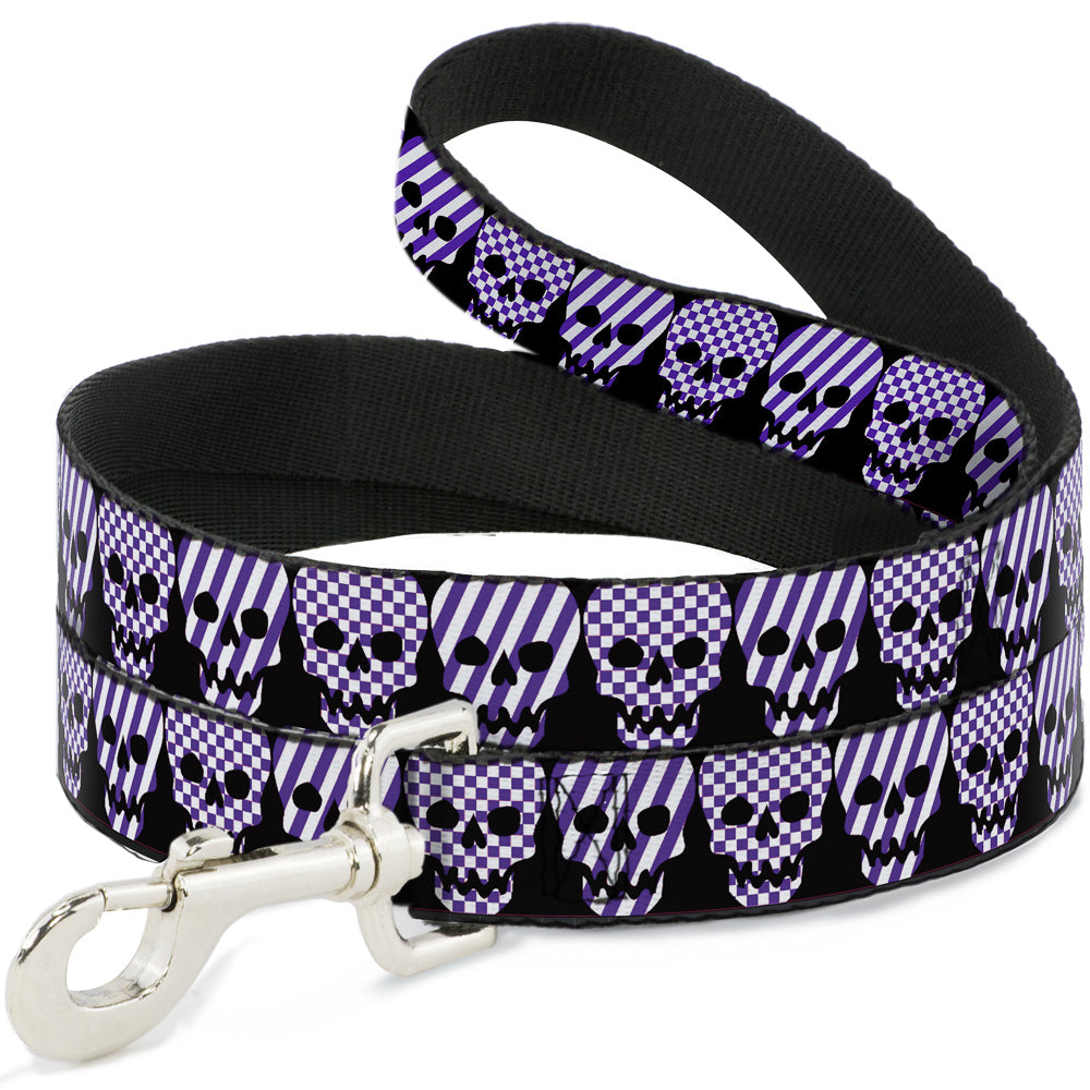 Dog Leash - Checker & Stripe Skulls Black/White/Purple Dog Leashes Buckle-Down