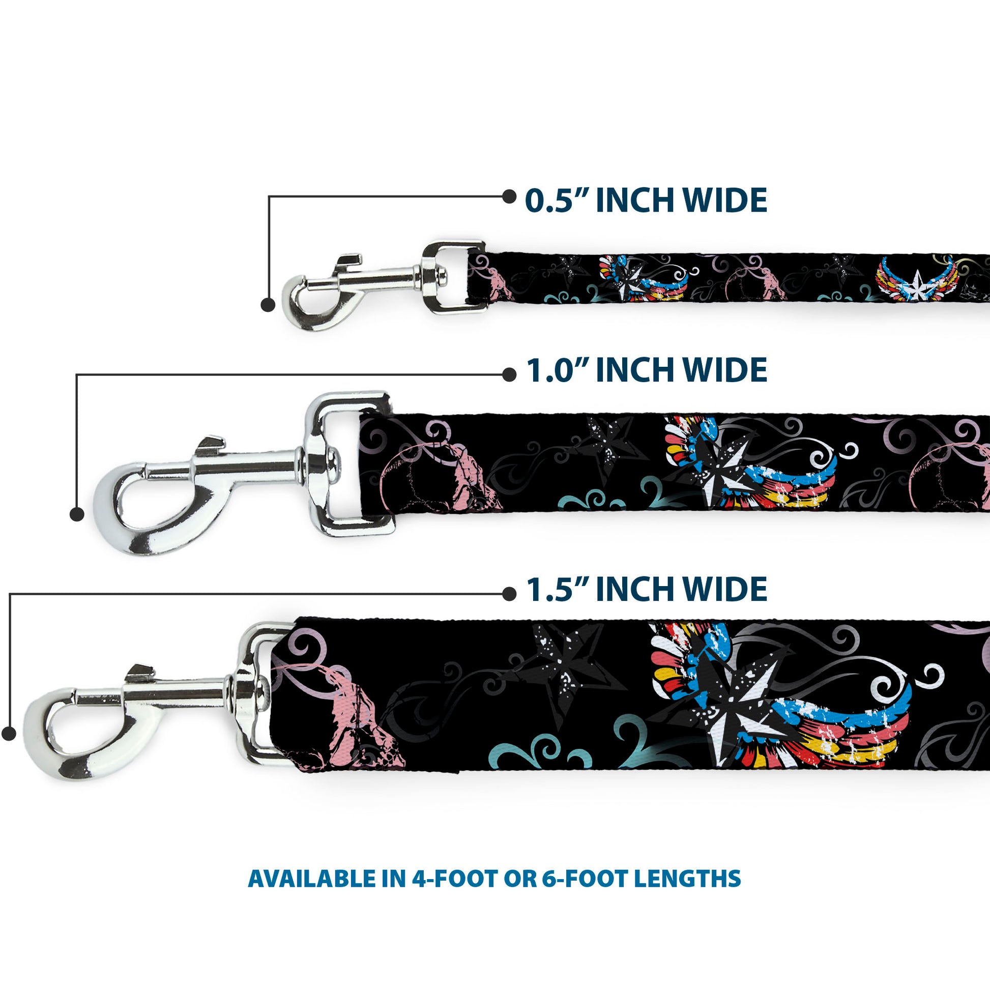 Dog Leash - Die Hard Skulls & Stars2 Black/Multi Color Dog Leashes Buckle-Down
