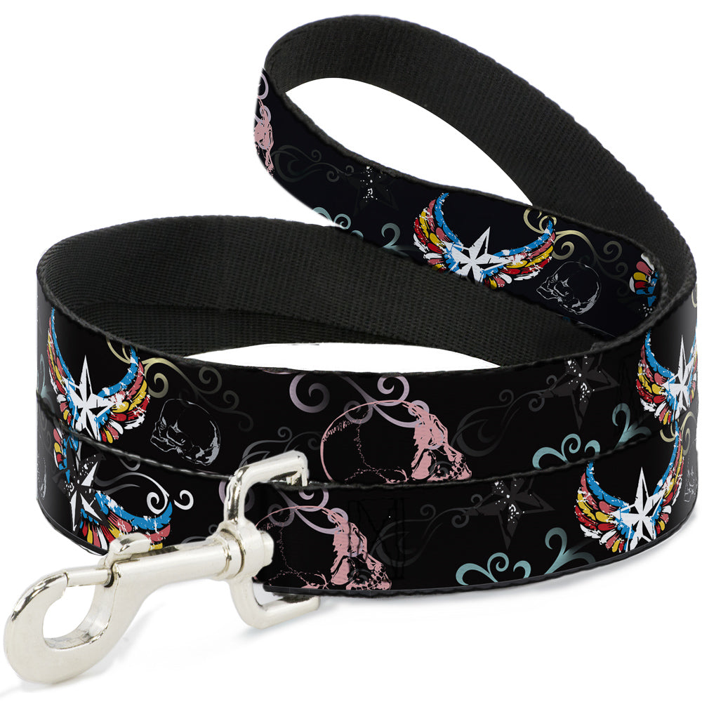 Dog Leash - Die Hard Skulls & Stars2 Black/Multi Color Dog Leashes Buckle-Down