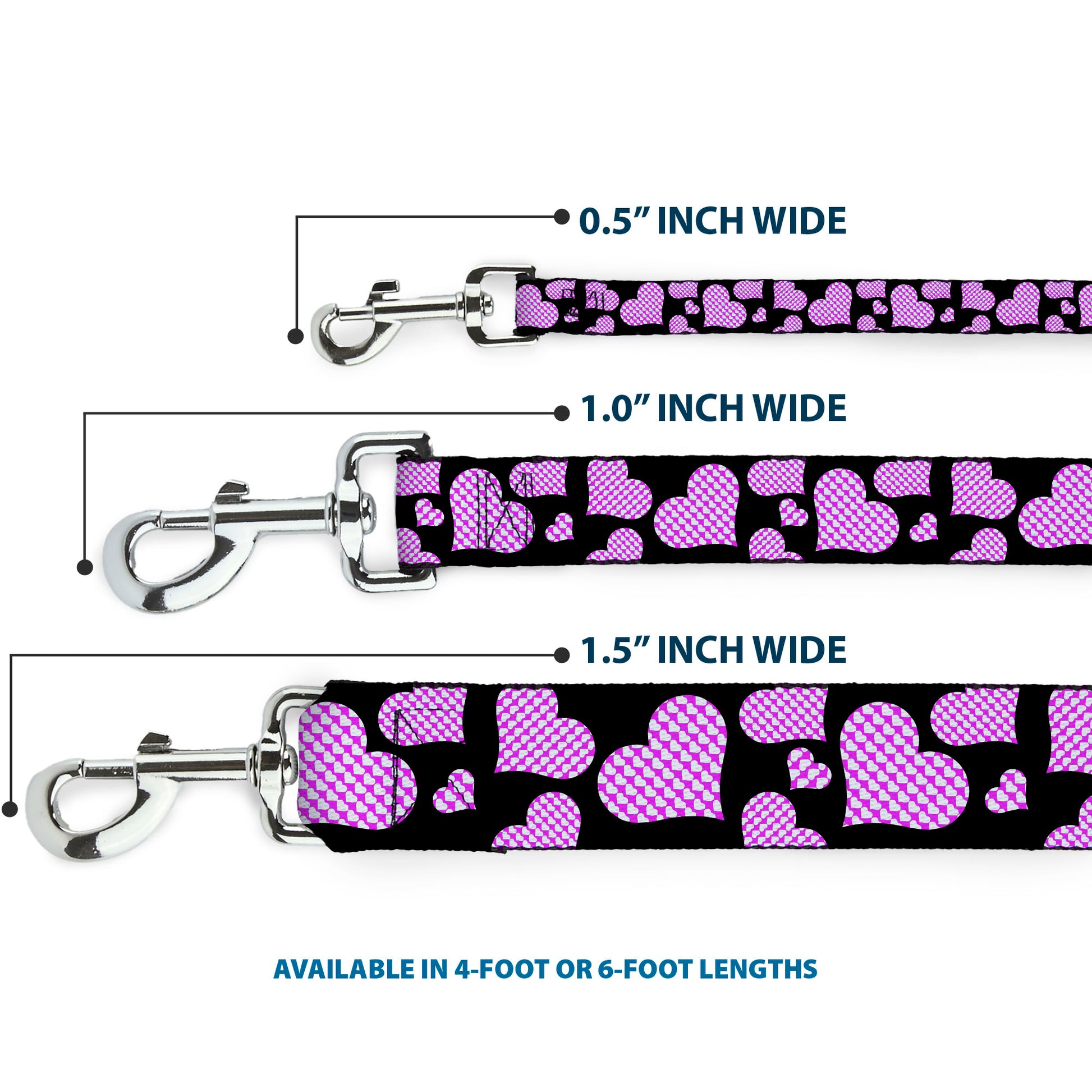 Dog Leash - Eighties Hearts Black/Fuchsia/White Dog Leashes Buckle-Down