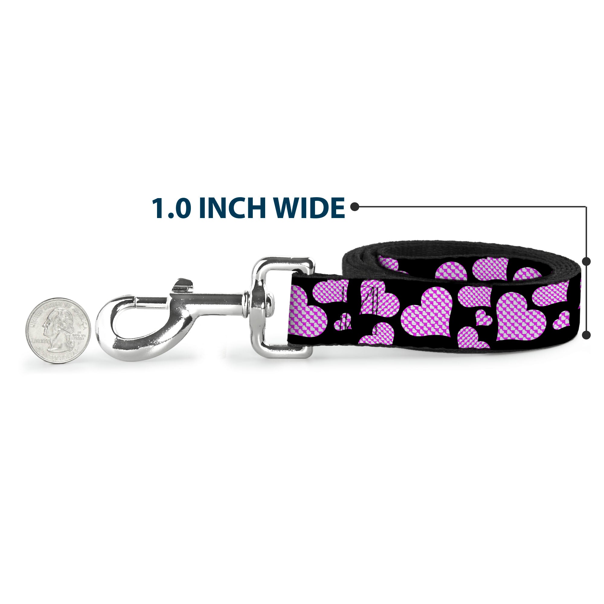 Dog Leash - Eighties Hearts Black/Fuchsia/White Dog Leashes Buckle-Down