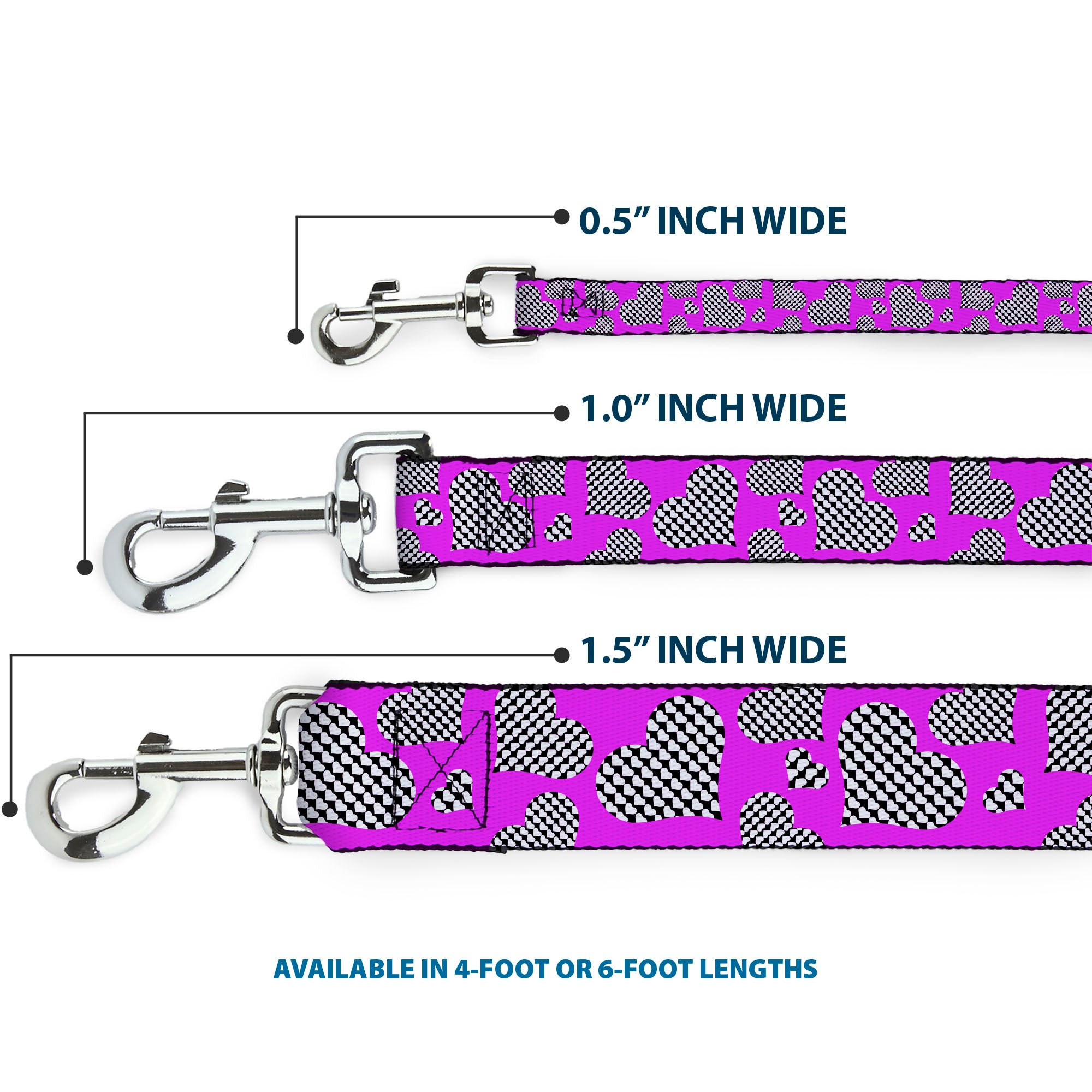 Dog Leash - Eighties Hearts Fuchsia/Black/White Dog Leashes Buckle-Down