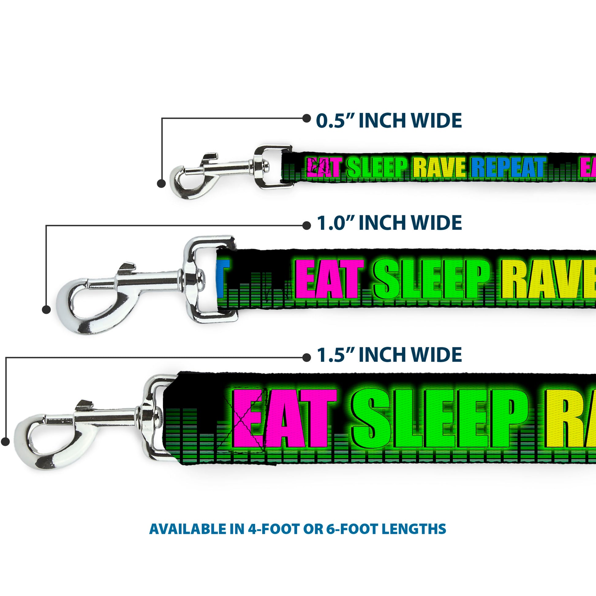Buckle-Down Dog Leash - EAT SLEEP RAVE REPEAT Black/Multi Neon Dog Leashes Buckle-Down