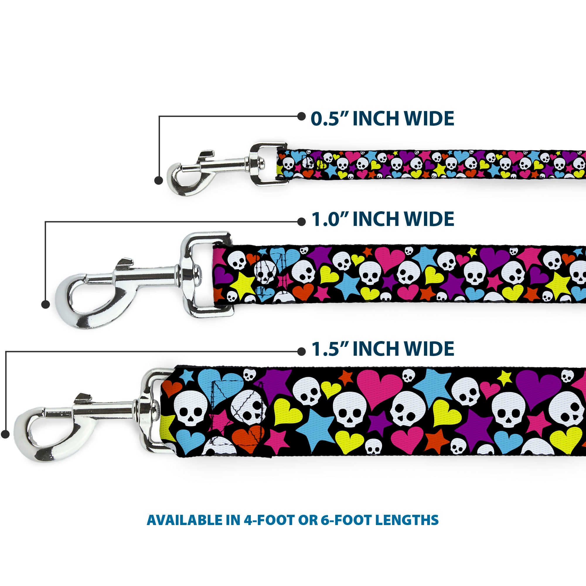 Dog Leash - Funky Skulls Hearts & Stars Black/Multi Color Dog Leashes Buckle-Down