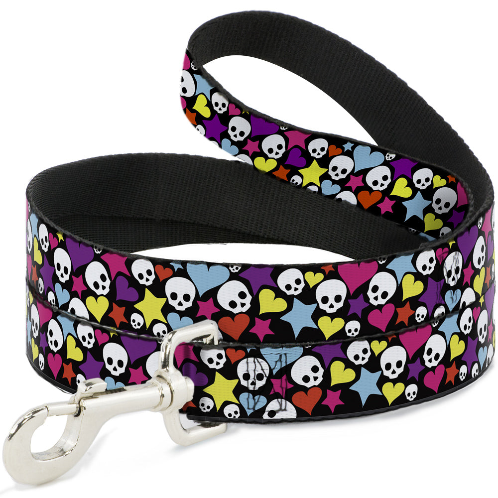 Dog Leash - Funky Skulls Hearts & Stars Black/Multi Color Dog Leashes Buckle-Down