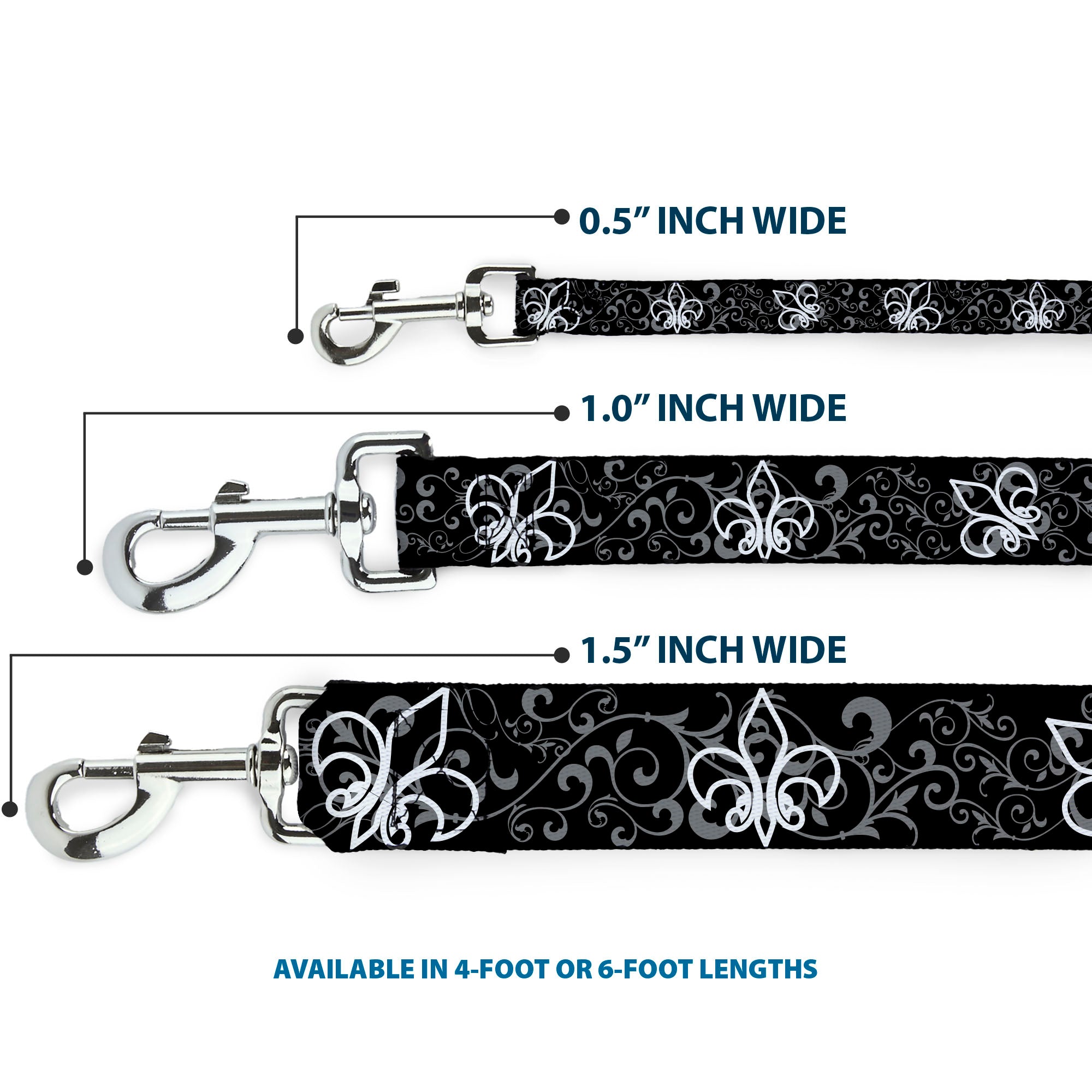 Dog Leash - Fleur-de-Lis Outline w/Filigree Black/Gray Dog Leashes Buckle-Down