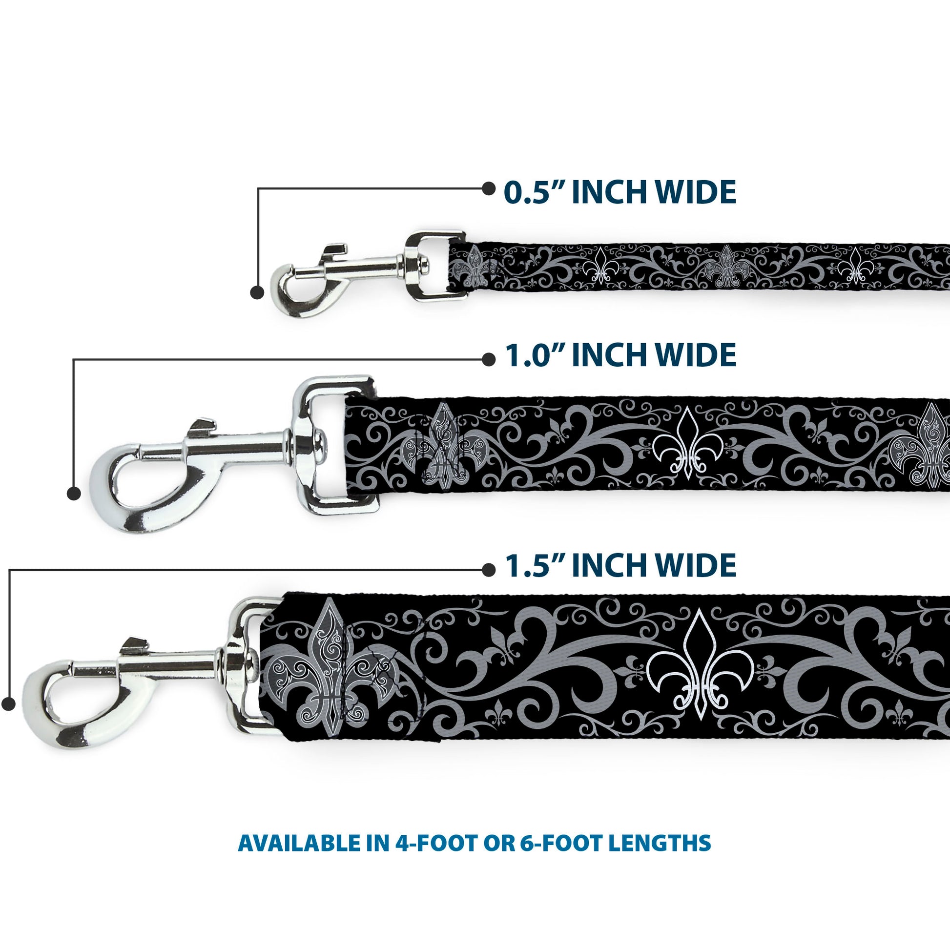 Dog Leash - Fleur-de-Lis w/Filigree Black/Gray Dog Leashes Buckle-Down
