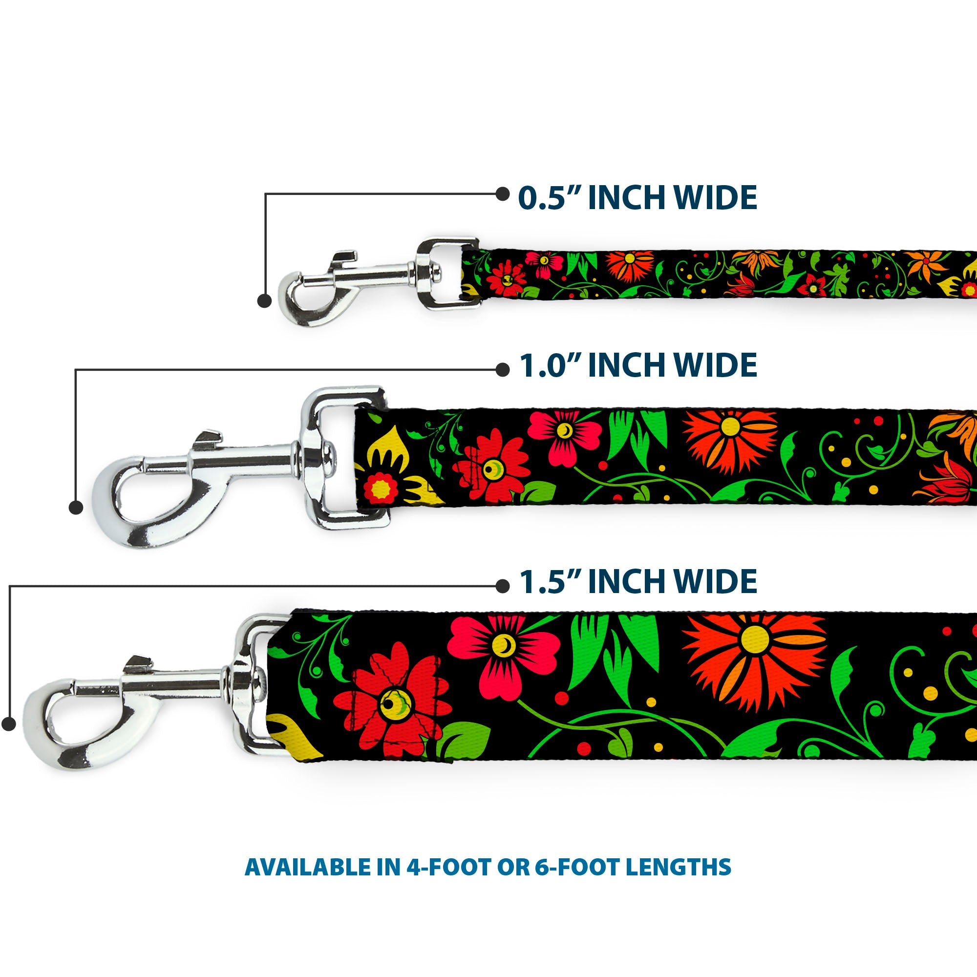Dog Leash - Floral Collage2 Black/Red/Orange/Green Dog Leashes Buckle-Down