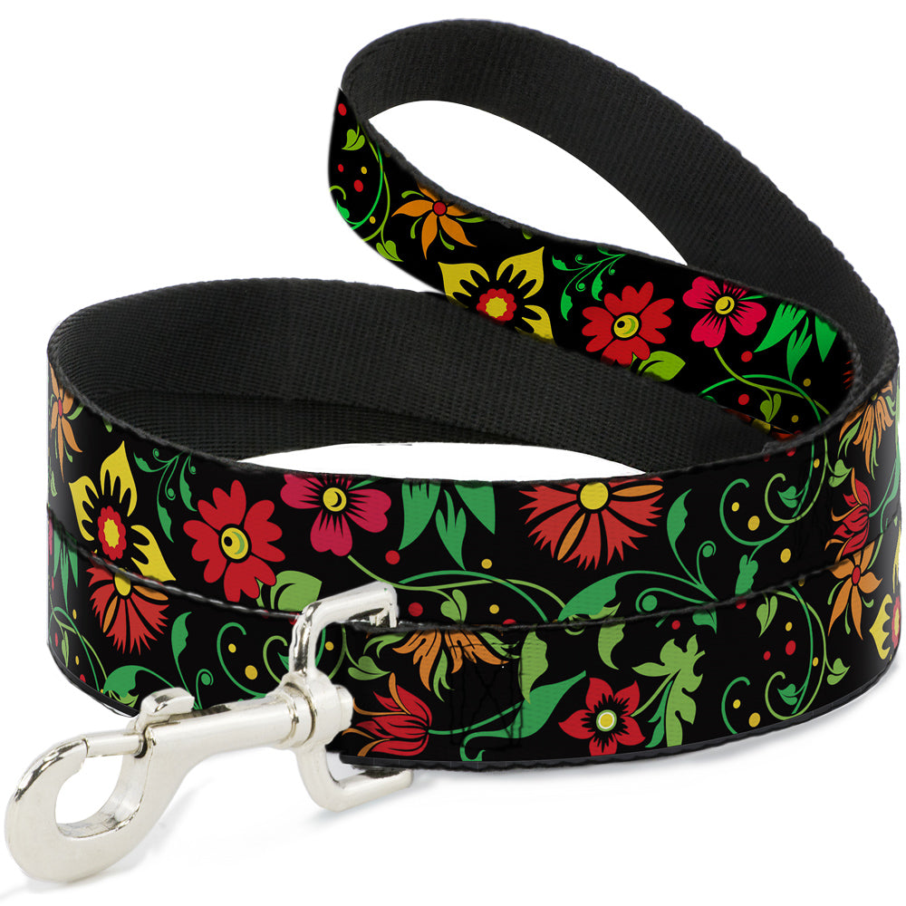 Dog Leash - Floral Collage2 Black/Red/Orange/Green Dog Leashes Buckle-Down