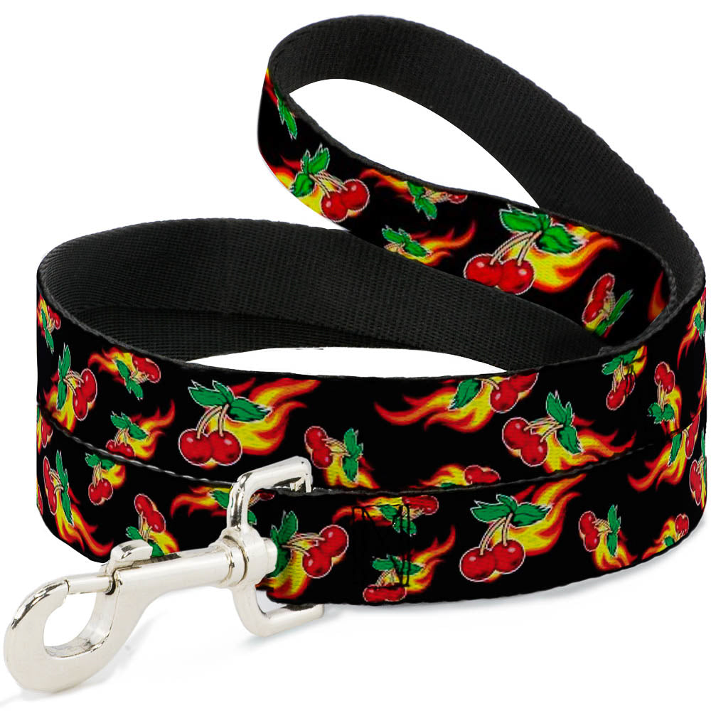 Dog Leash - Flaming Cherries Scattered Black Dog Leashes Buckle-Down