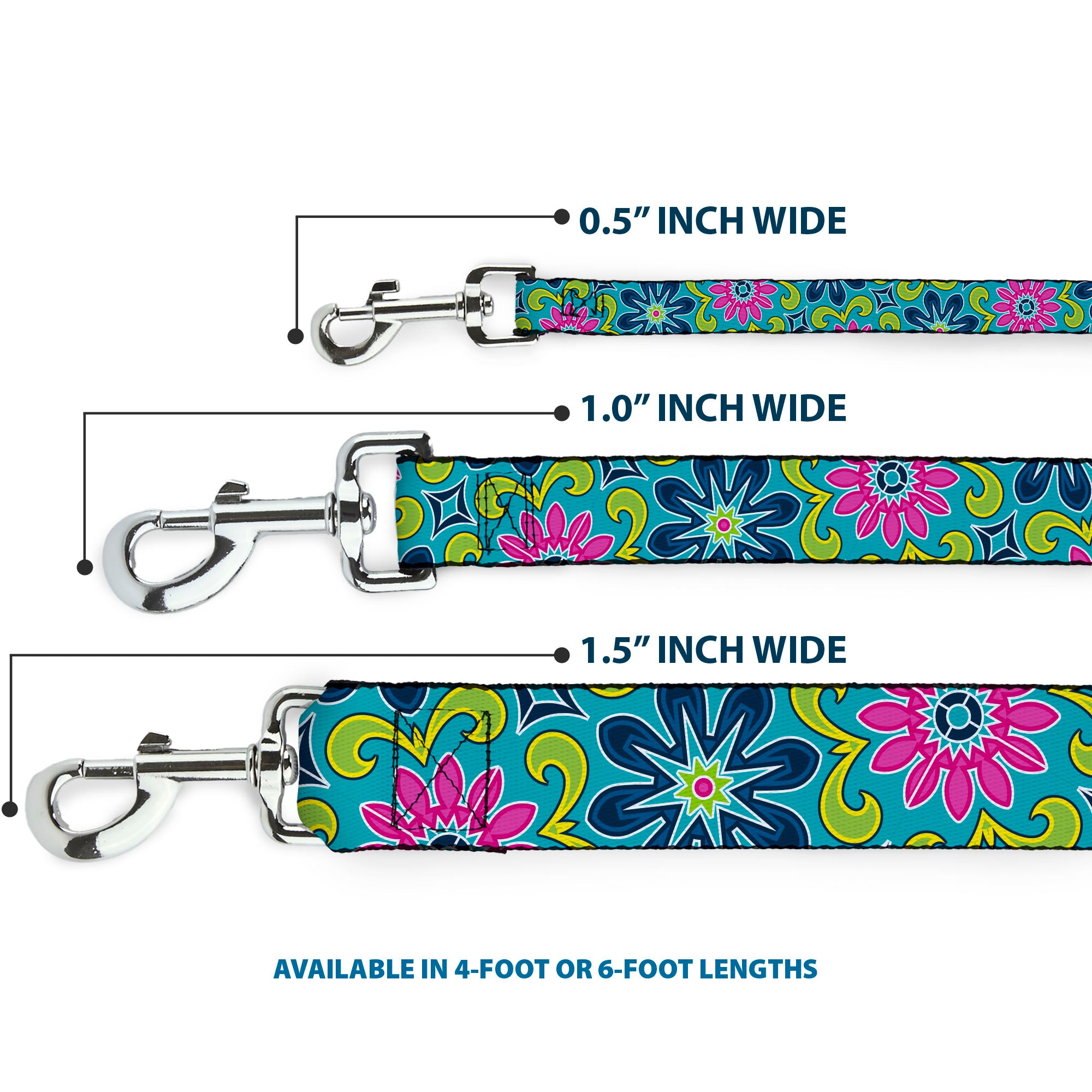 Dog Leash - Floral Burst Turquoise/Blues/Pinks/Yellow/Green Dog Leashes Buckle-Down