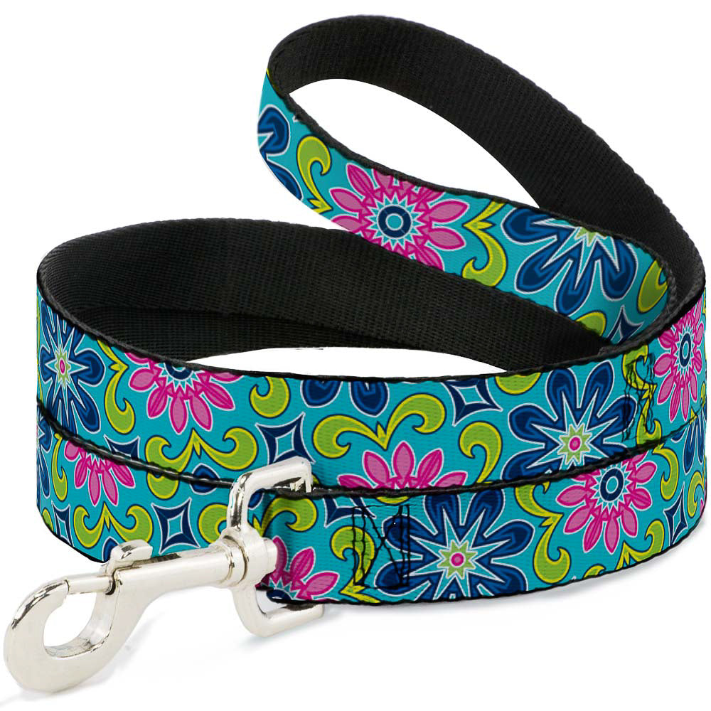 Dog Leash - Floral Burst Turquoise/Blues/Pinks/Yellow/Green Dog Leashes Buckle-Down