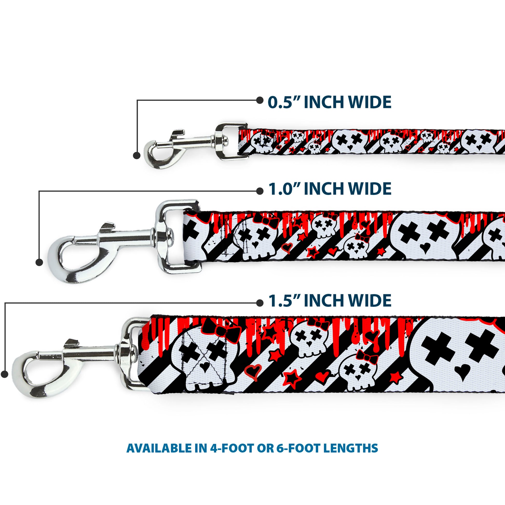 Dog Leash - Girlie Skull Black/White w/Red Paint Drips Dog Leashes Buckle-Down