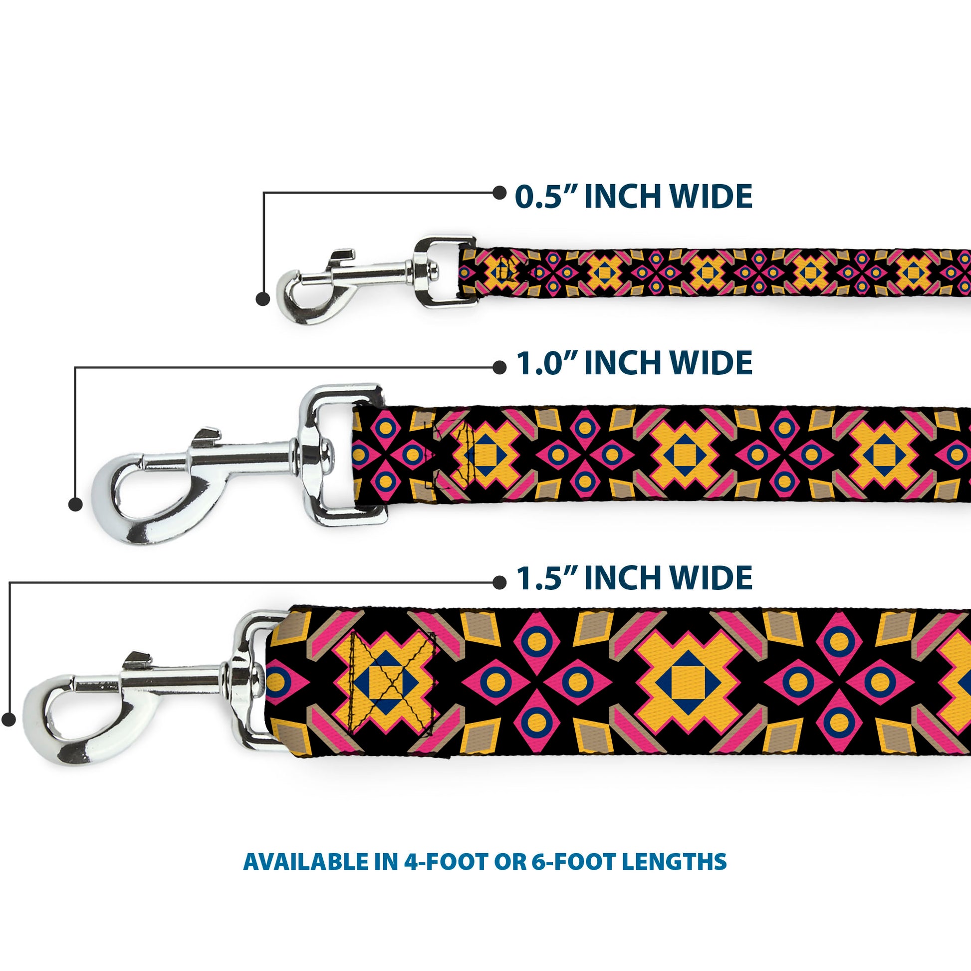 Dog Leash - Geometric Sunburst Black/Pink/Yellow/Blue Dog Leashes Buckle-Down